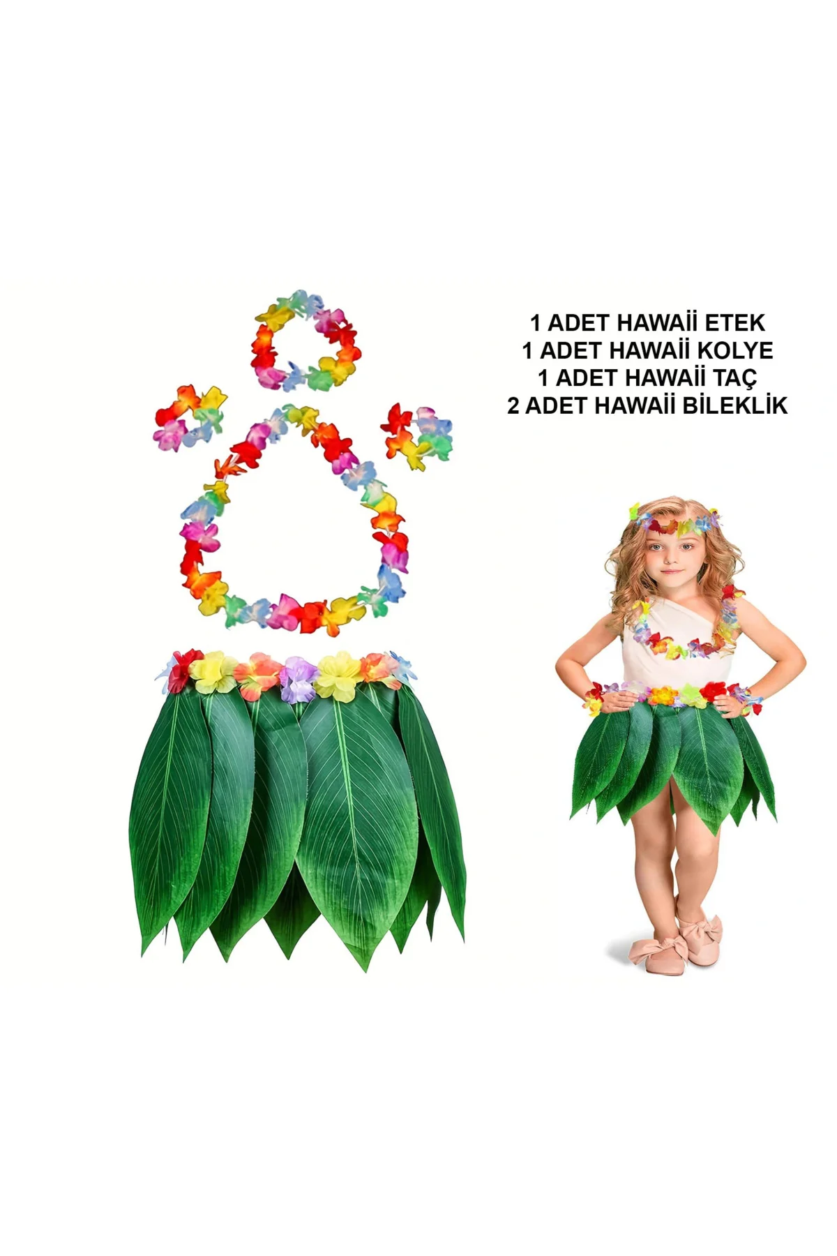 Çocuk Hawaii Kostüm Seti - Yaprak Etek & Hawaii Set - 5 Parça Çocuk Hawaii Kostüm Seti - Yaprak Etek & Hawaii Set - 5 Parça