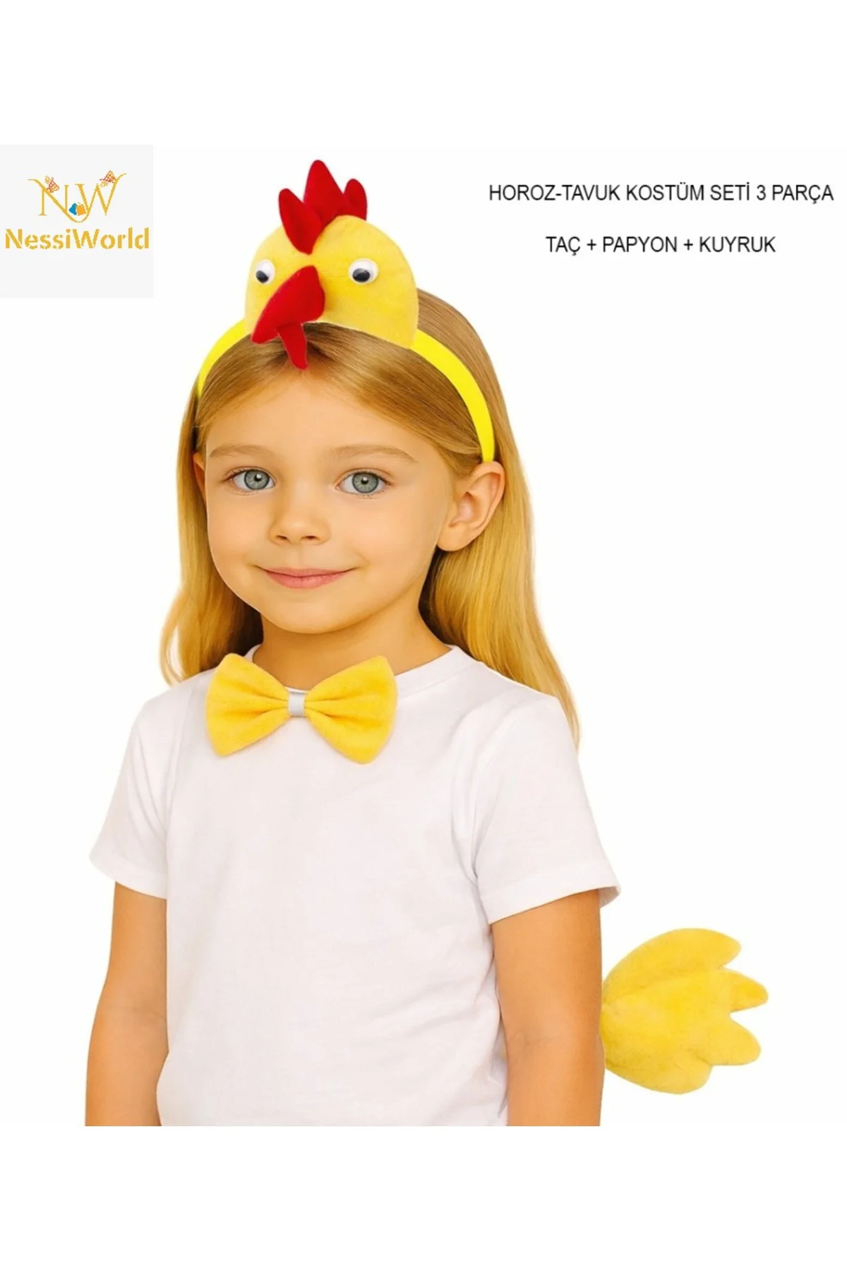 Çocuk Horoz Tavuk Kostüm Seti 3 Parça (Taç + Papyon + Kuyruk)