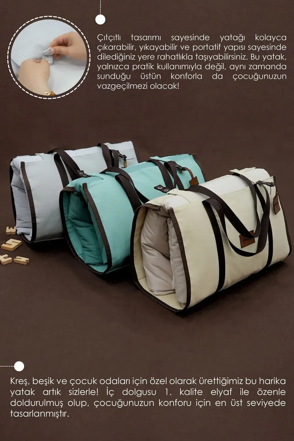 Mordesign Çocuk İçin Taşınabilir Yatak Seti, Kreş Yatak Seti, Kanvas Çantal