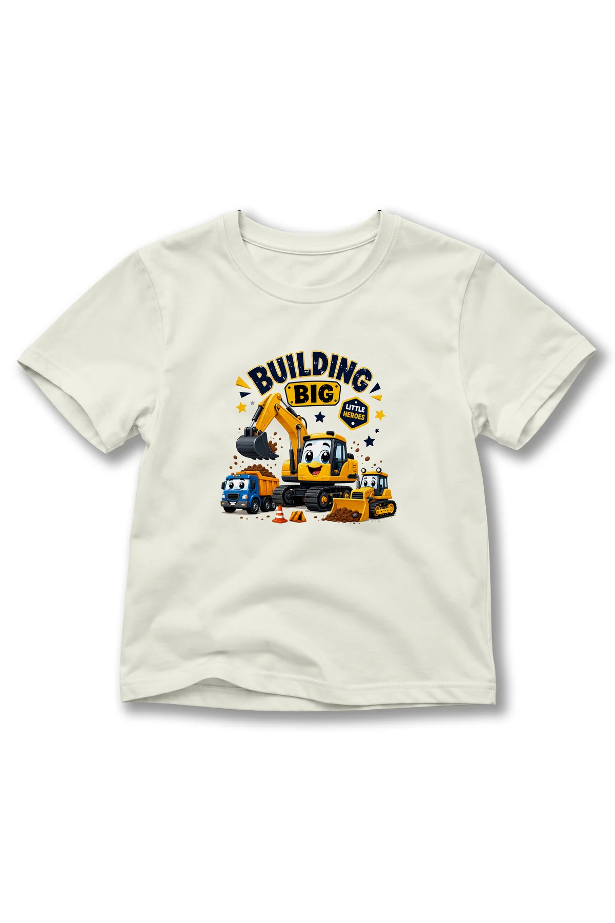 Çocuk İş Makinesi Baskılı Kısa Kollu Bisiklet Yaka T-Shirt