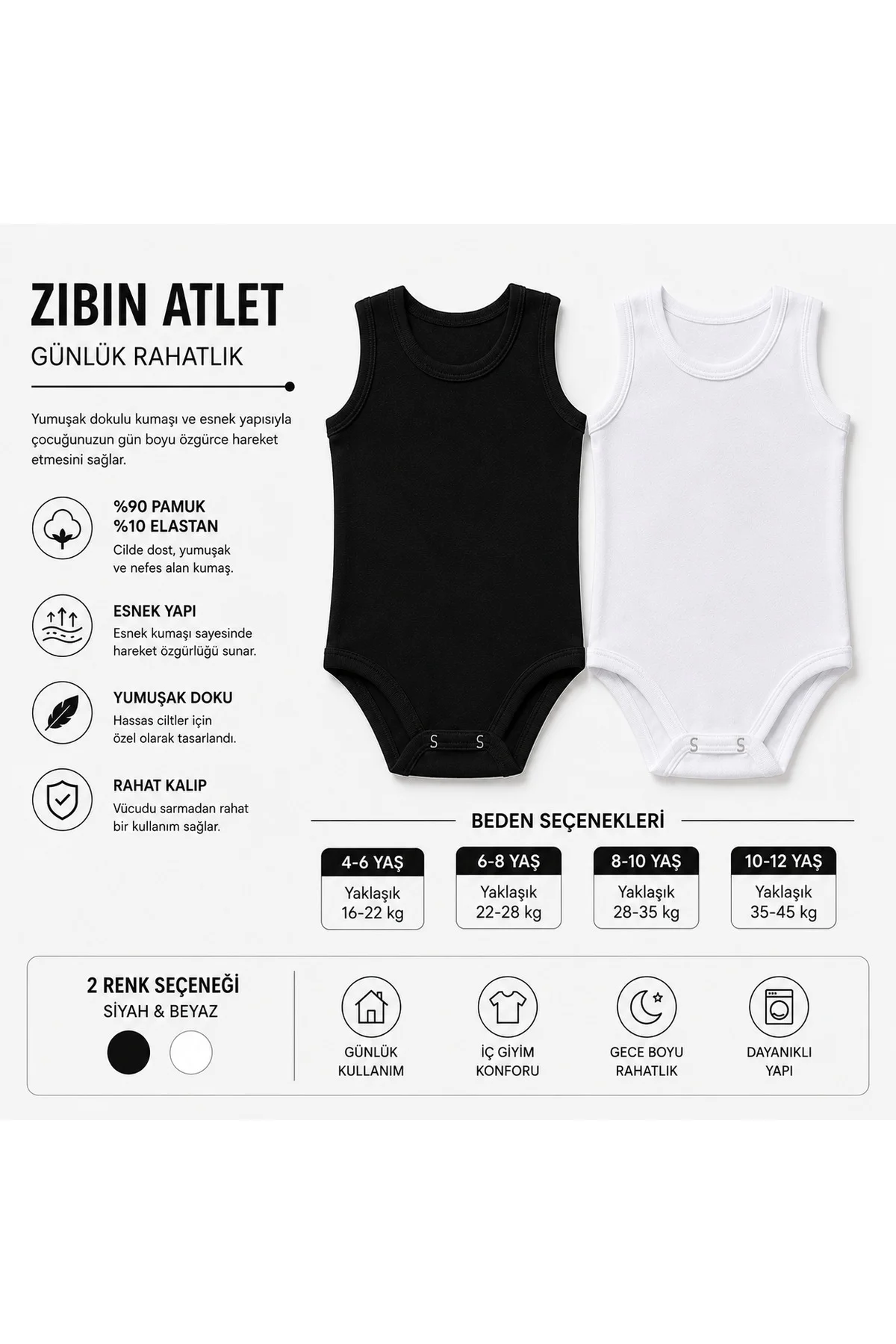 Çocuk Kalın Askılı Zıbın Atlet %90 Pamuk %10 Elastan Kancalı Alt Kapama Esnek Rahat Siyah Beyaz 4-12 Yaş Fiyatı, Yorumları ve Özellikleri