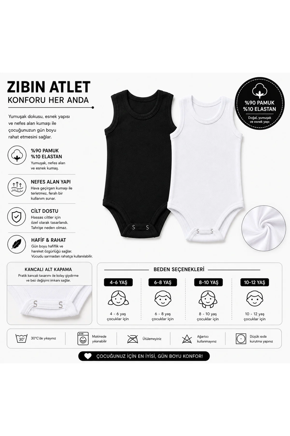 Çocuk Kalın Askılı Zıbın Atlet %90 Pamuk %10 Elastan Kancalı Alt Kapama Esnek Rahat Siyah Beyaz 4-12 Yaş Fiyatı, Yorumları ve Özellikleri
