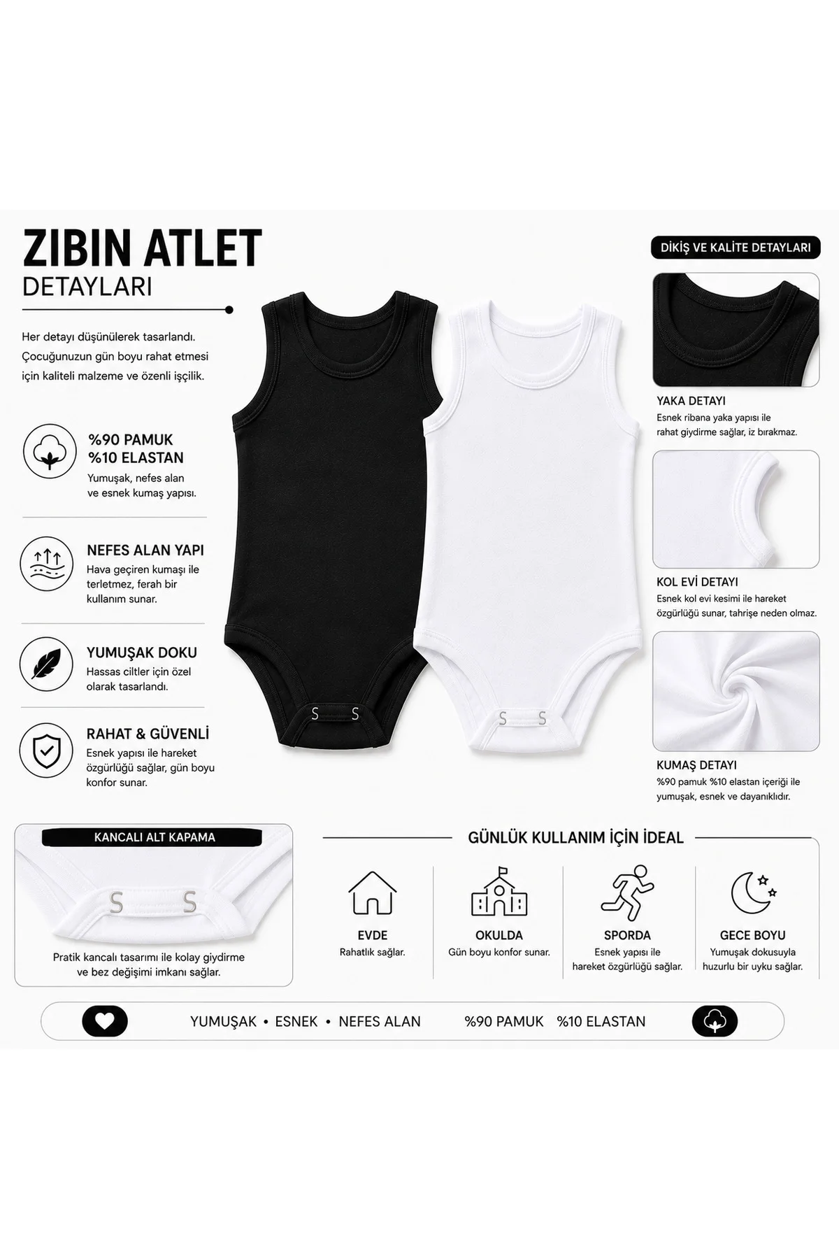 Çocuk Kalın Askılı Zıbın Atlet %90 Pamuk %10 Elastan Kancalı Alt Kapama Esnek Rahat Siyah Beyaz 4-12 Yaş Fiyatı, Yorumları ve Özellikleri