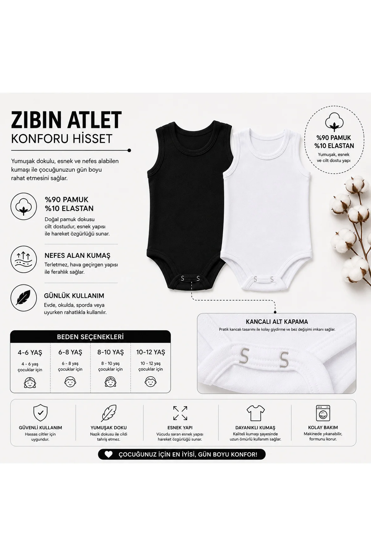 Çocuk Kalın Askılı Zıbın Atlet %90 Pamuk %10 Elastan Kancalı Alt Kapama Esnek Rahat Siyah Beyaz 4-12 Yaş Fiyatı, Yorumları ve Özellikleri