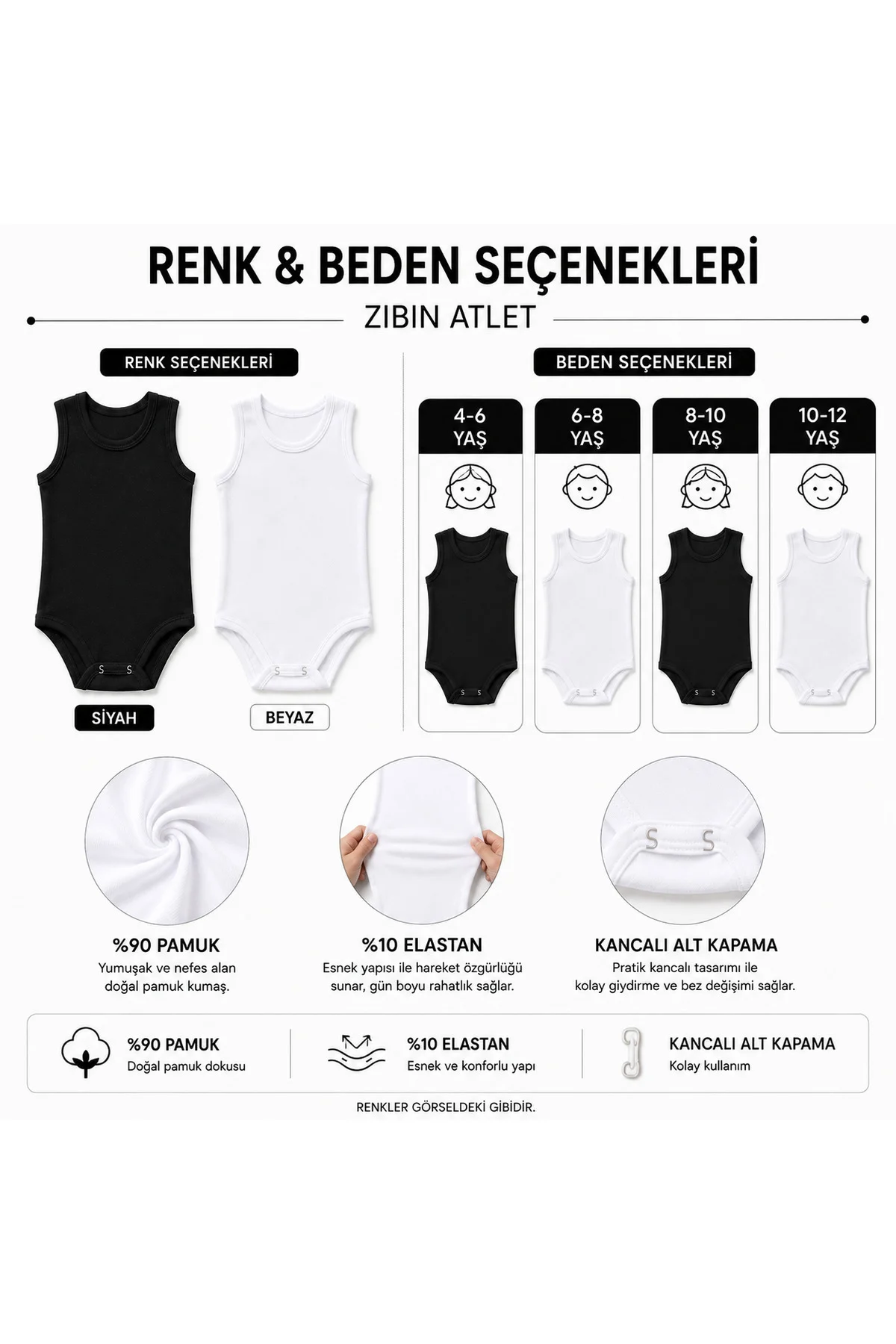 Çocuk Kalın Askılı Zıbın Atlet %90 Pamuk %10 Elastan Kancalı Alt Kapama Esnek Rahat Siyah Beyaz 4-12 Yaş Fiyatı, Yorumları ve Özellikleri
