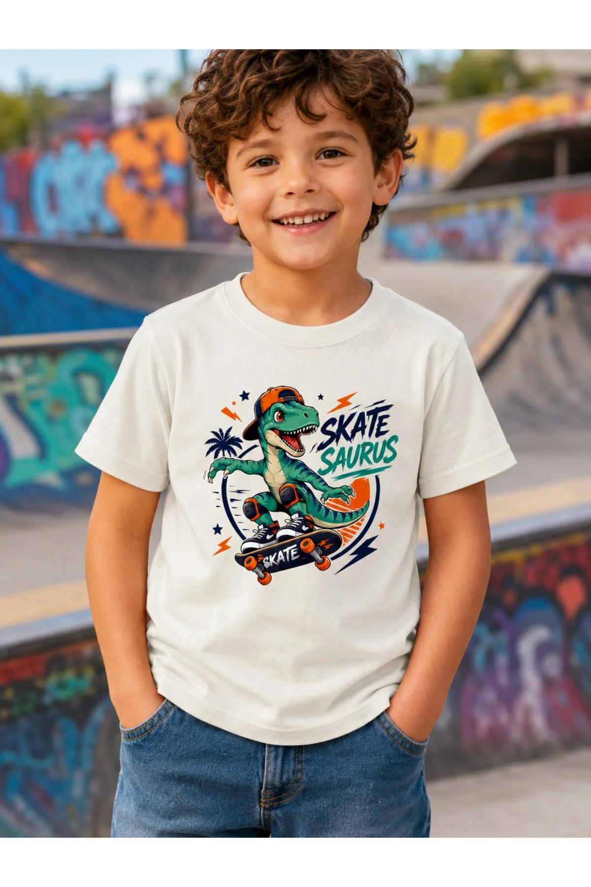 Çocuk Kaykaylı Dinozor Baskılı Kısa Kollu Bisiklet Yaka T-Shirt