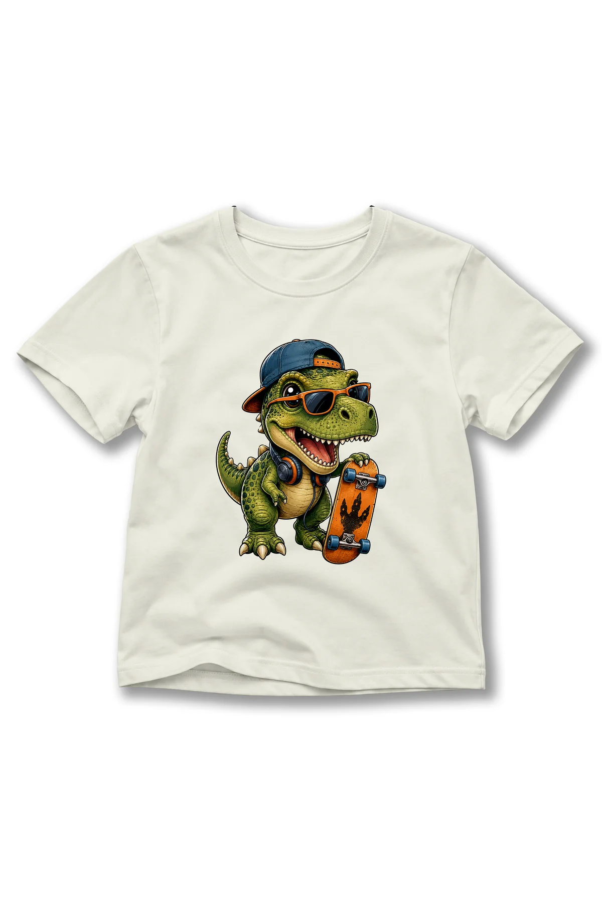 Çocuk Kaykaylı T-Rex Dinozor Baskılı Bisiklet Yaka Kısa Kollu Tişört