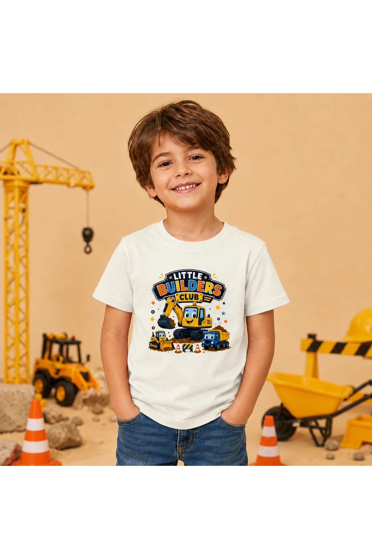 Çocuk Kepçe Kamyon Baskılı Kısa Kollu Bisiklet Yaka T-Shirt