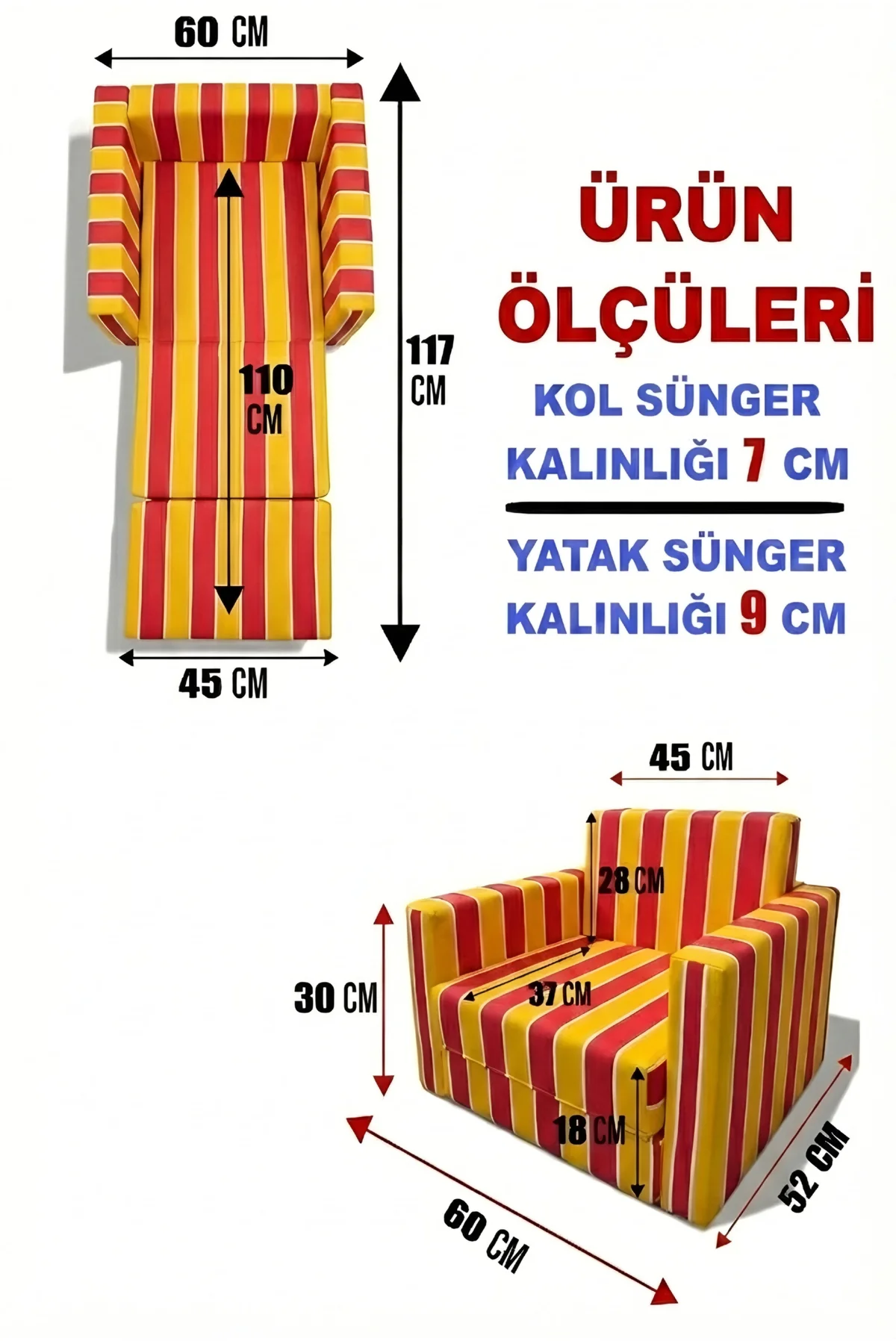Çocuk Koltuğu Komple Sünger Katlanabilir Yataklı Minder Yatak (0-4 YAŞ) SARI KIRMIZI TARAFTAR DESEN