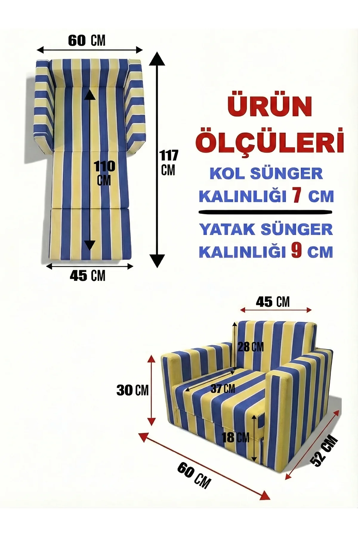 Çocuk Koltuğu Komple Sünger Katlanabilir Yataklı Minder Yatak (0-4 YAŞ) SARI LACİVERT TARAFTAR DESEN