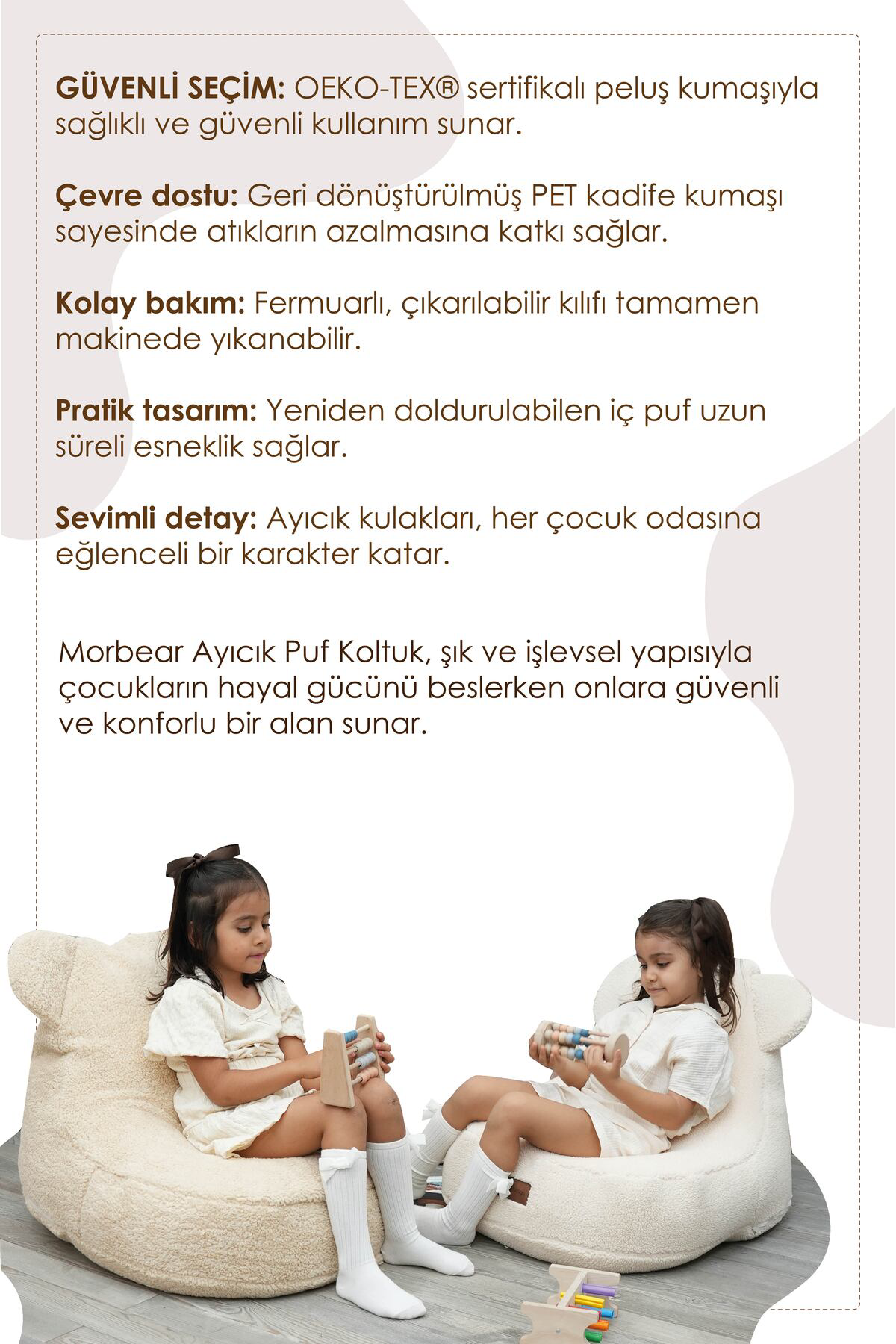 Mordesign Çocuk Koltuğu Puf,Teddy Ayı Figürlü Sevimli Dekoratif Rahat Oyun