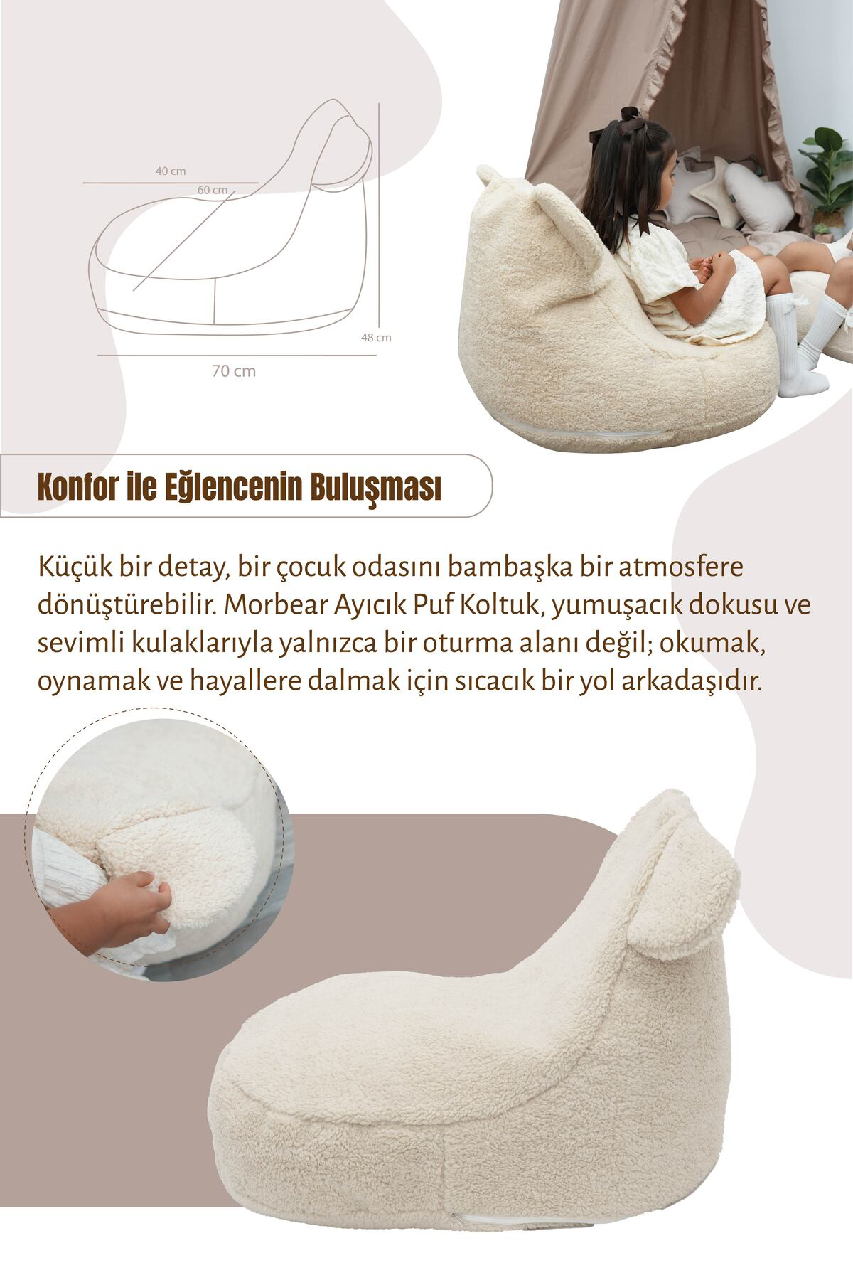 Mordesign Çocuk Koltuğu Puf,Teddy Ayı Figürlü Sevimli Dekoratif Rahat Oyun