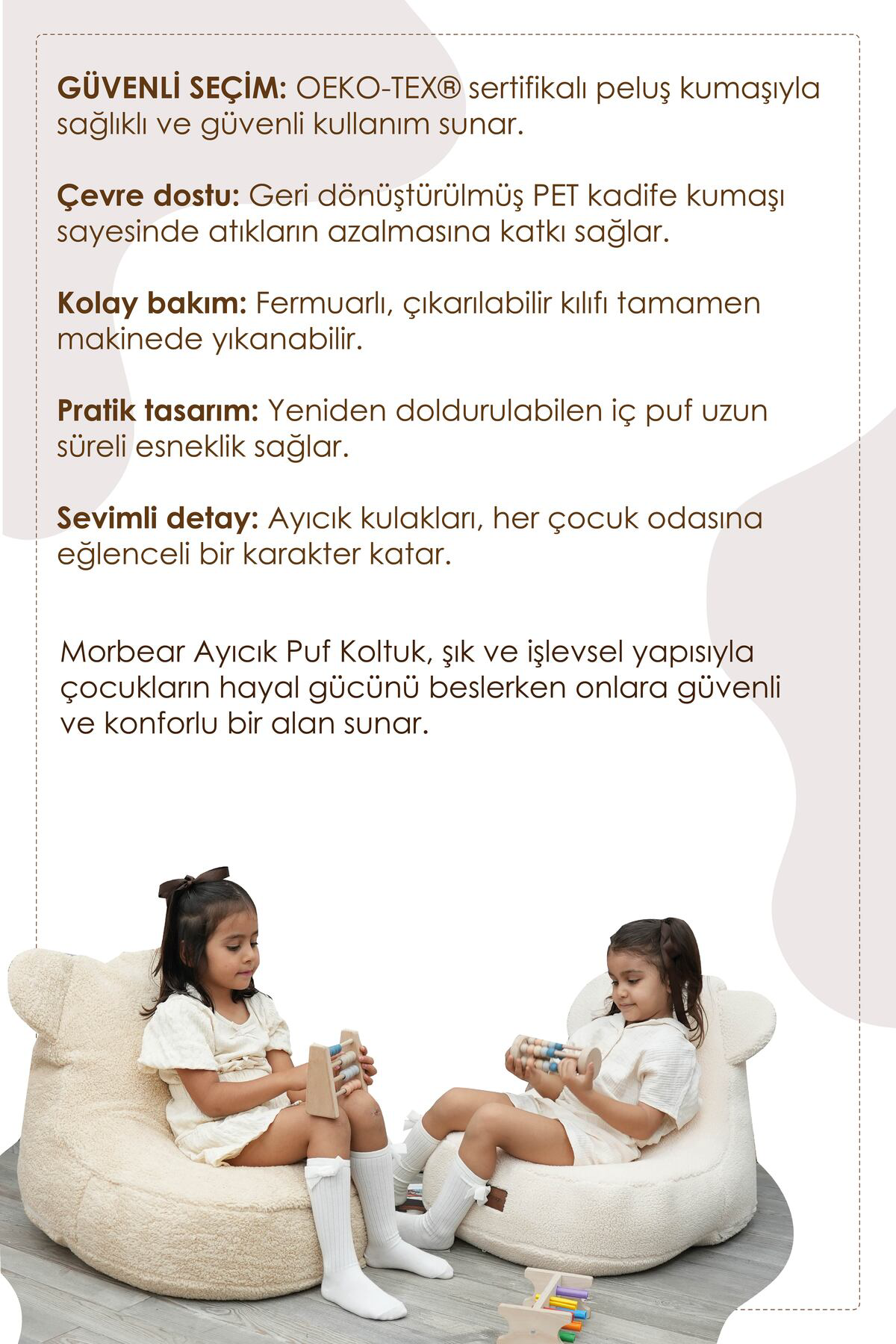 Mordesign Çocuk Koltuğu Puf,Teddy Ayı Figürlü Sevimli Dekoratif Rahat Oyun