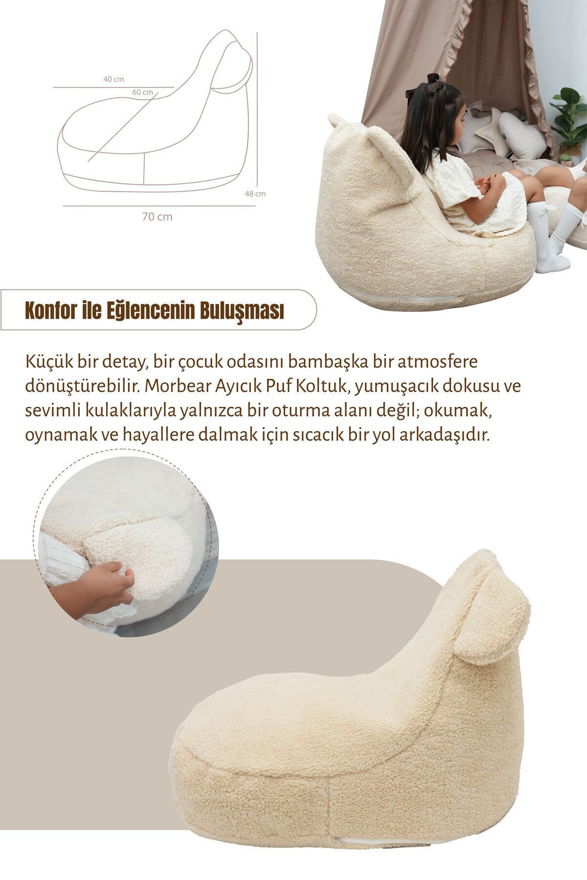 Mordesign Çocuk Koltuğu Puf,Teddy Ayı Figürlü Sevimli Dekoratif Rahat Oyun