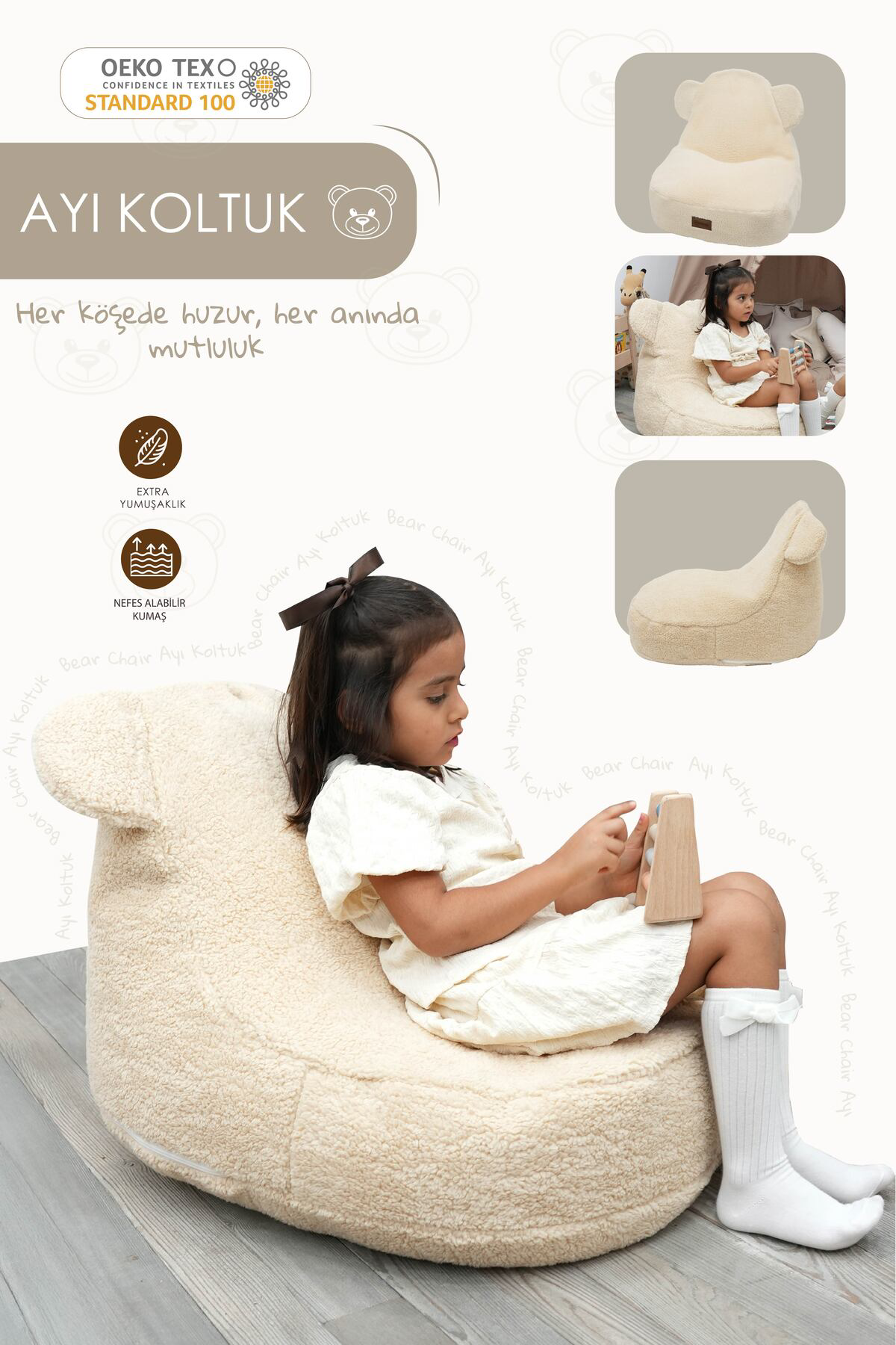 Mordesign Çocuk Koltuğu Puf,Teddy Ayı Figürlü Sevimli Dekoratif Rahat Oyun