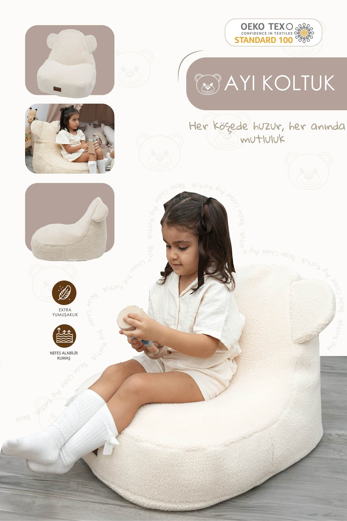 Mordesign Çocuk Koltuğu Puf,Teddy Ayı Figürlü Sevimli Dekoratif Rahat Oyun