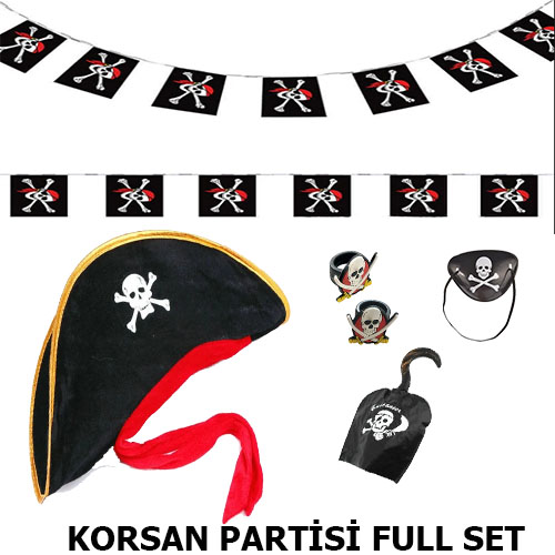 Çocuk Korsan Şapkası + Kancası + Göz Bandı + 2 Adet Yüzük + Afiş 