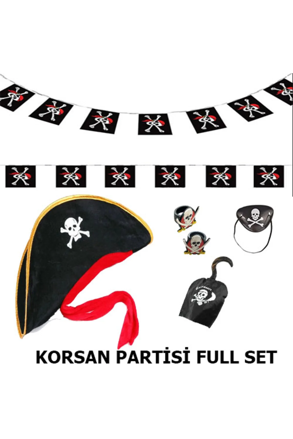 Çocuk Korsan Şapkası Kancası Göz Bandı 2 Adet Yüzük Afiş Seti