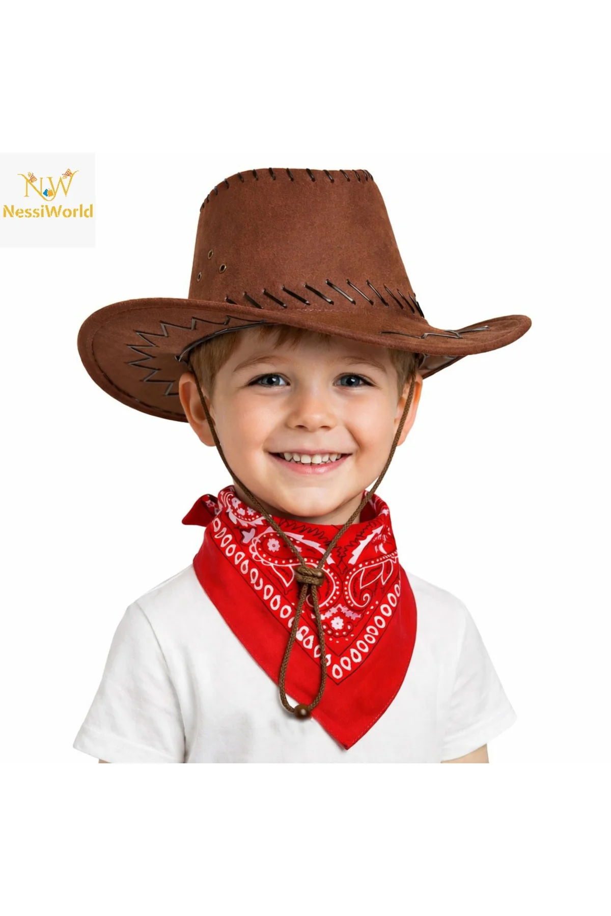 Çocuk Kovboy Şapka Kahverengi & Kırmızı Bandana Seti