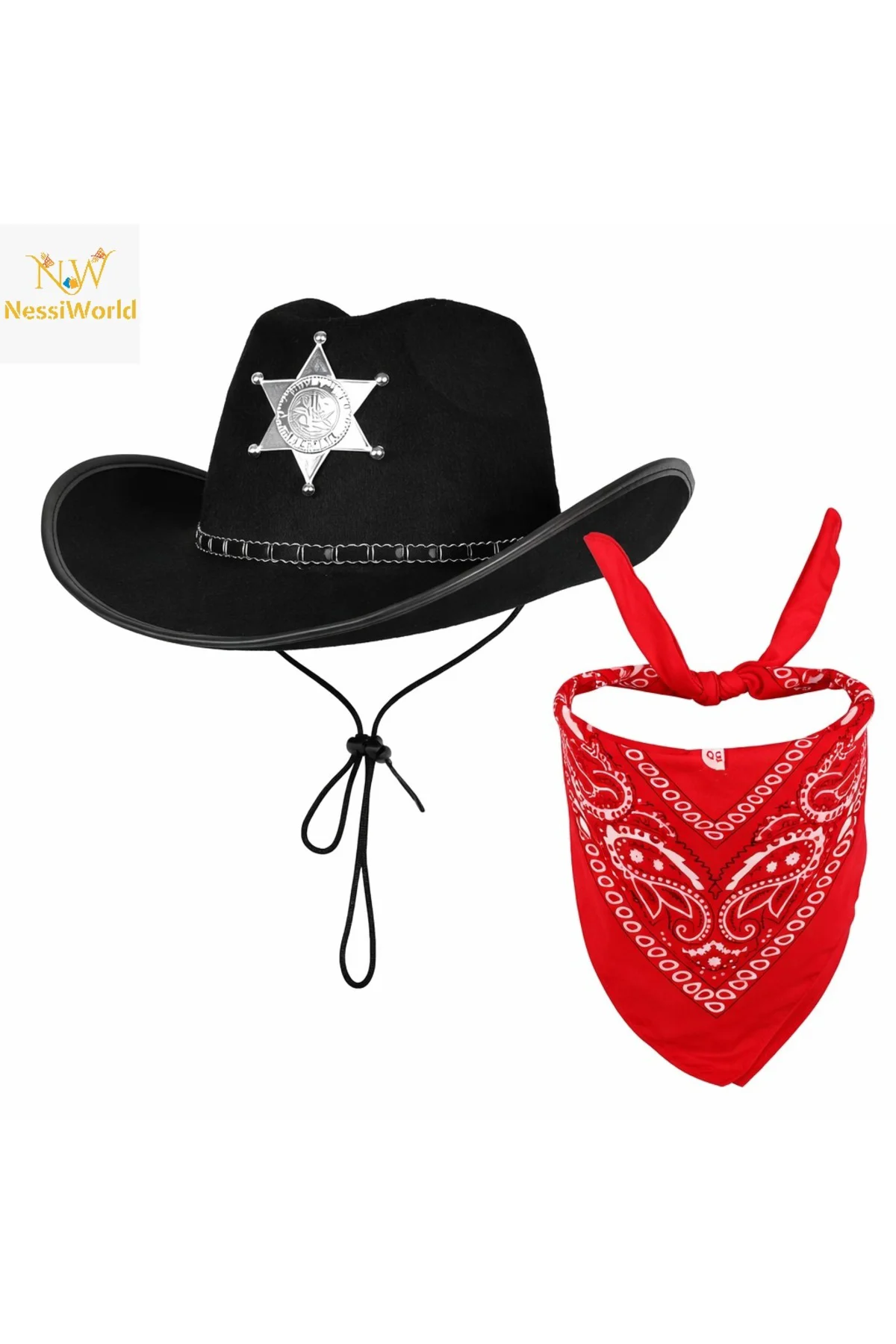 Çocuk Kovboy Şapka Rozetli Siyah & Kırmızı Bandana Seti