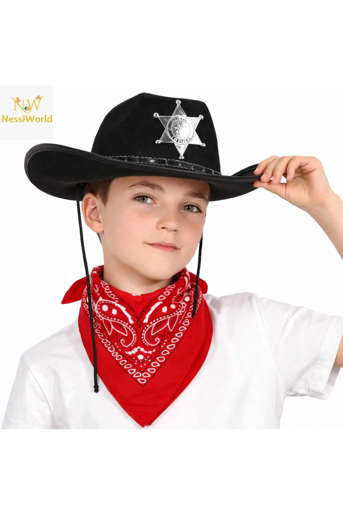Çocuk Kovboy Şapka Rozetli Siyah & Kırmızı Bandana Seti
