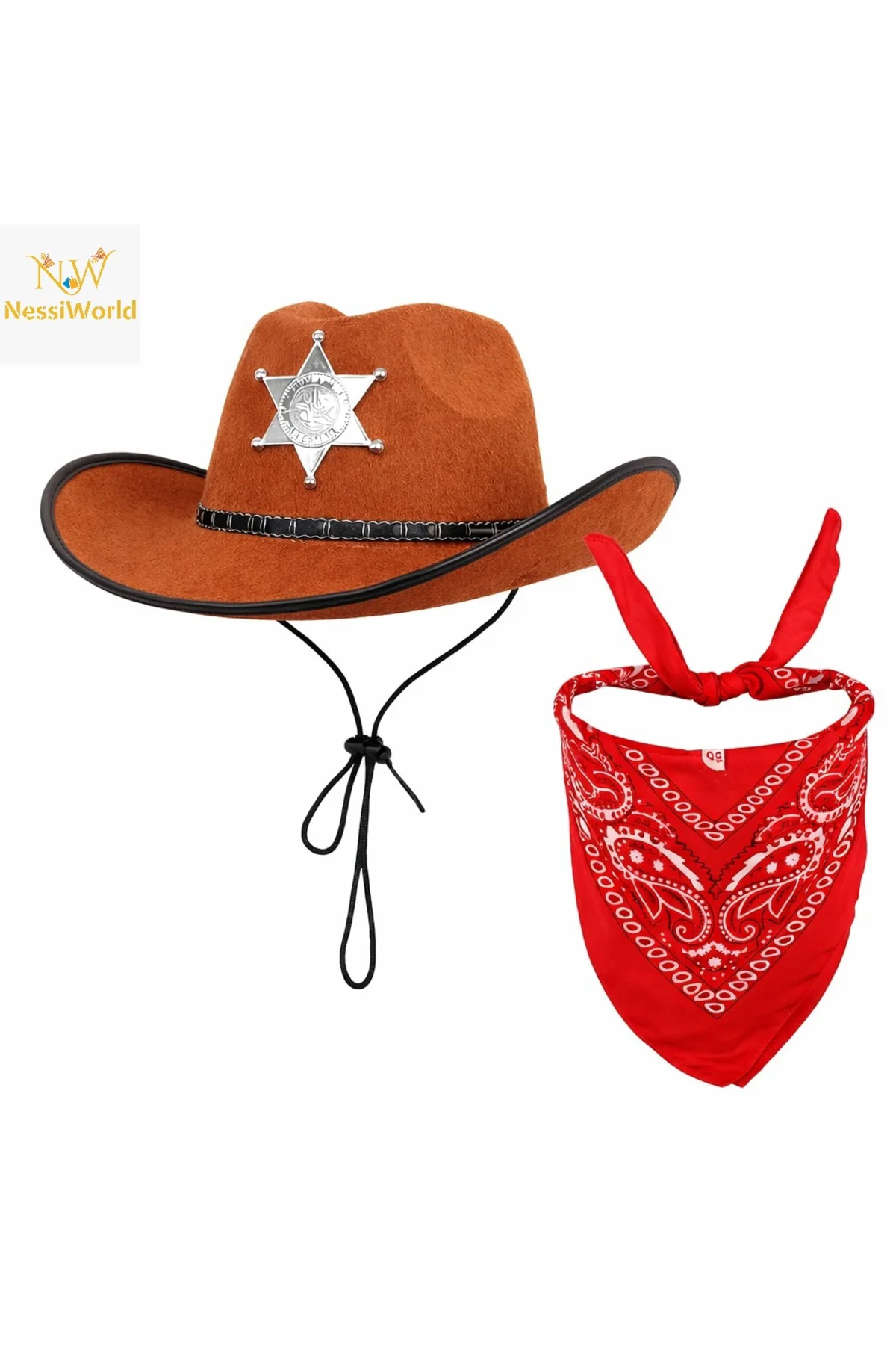 Çocuk Kovboy Şapka Rozetli Kahverengi & Kırmızı Bandana Seti