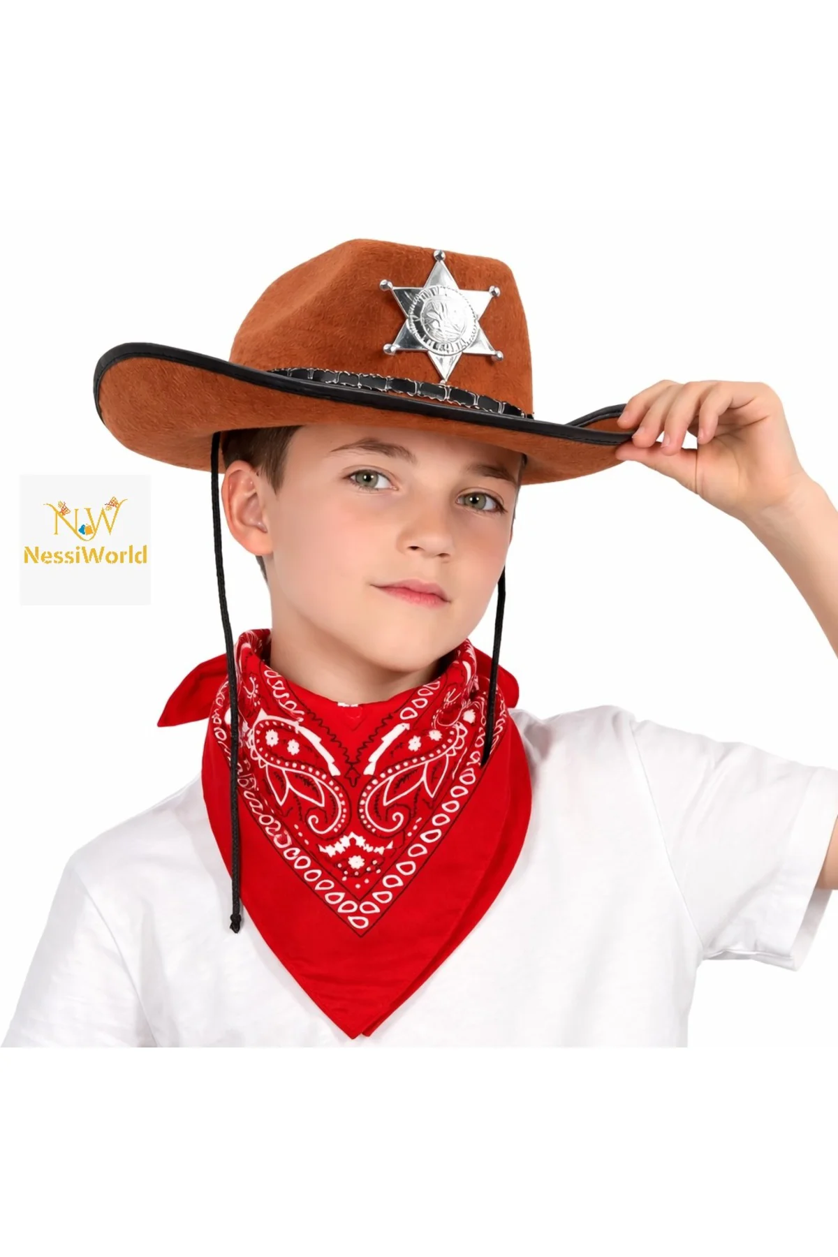 Çocuk Kovboy Şapka Rozetli Kahverengi & Kırmızı Bandana Seti