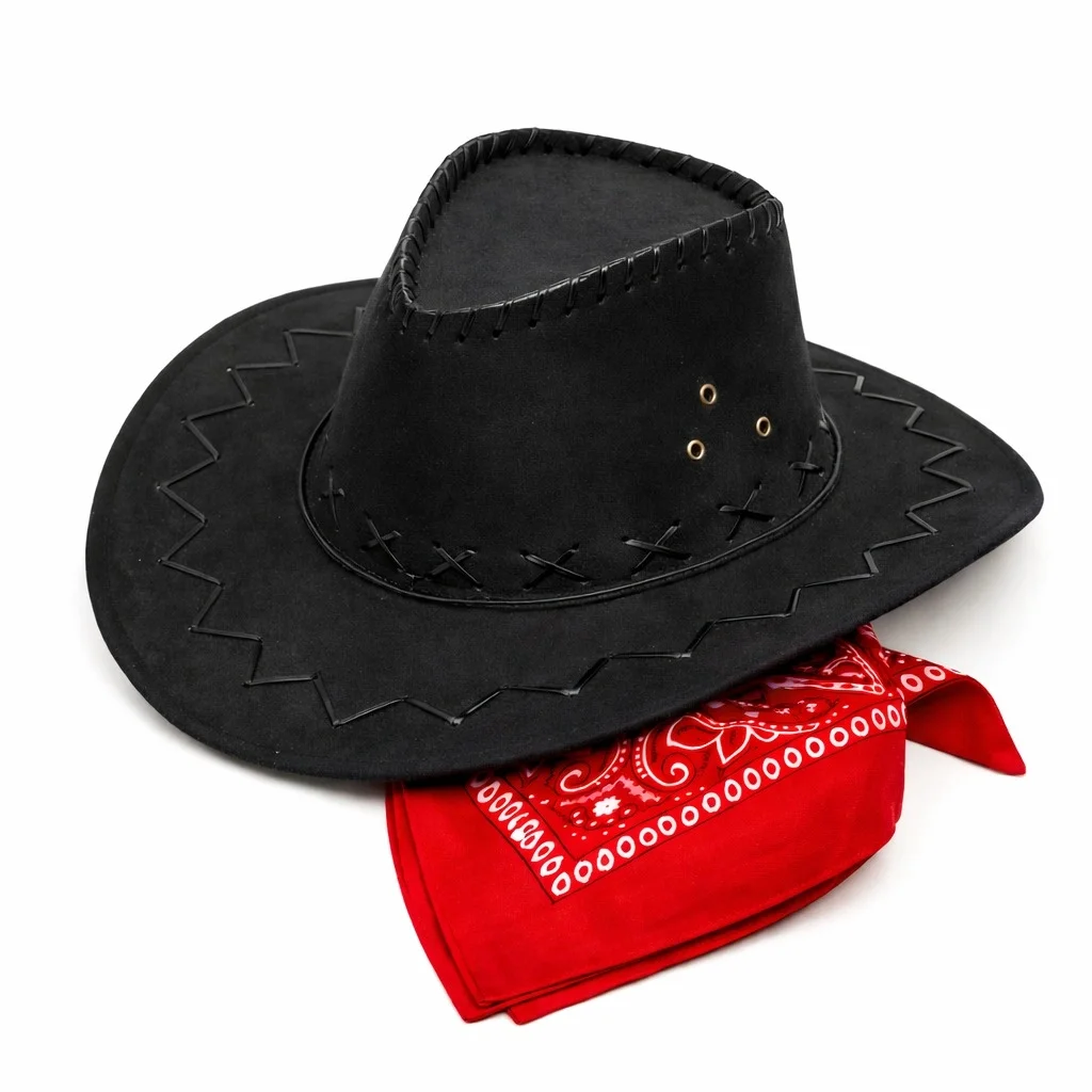Çocuk Kovboy Şapka Siyah &amp; Kırmızı Bandana Fular Seti