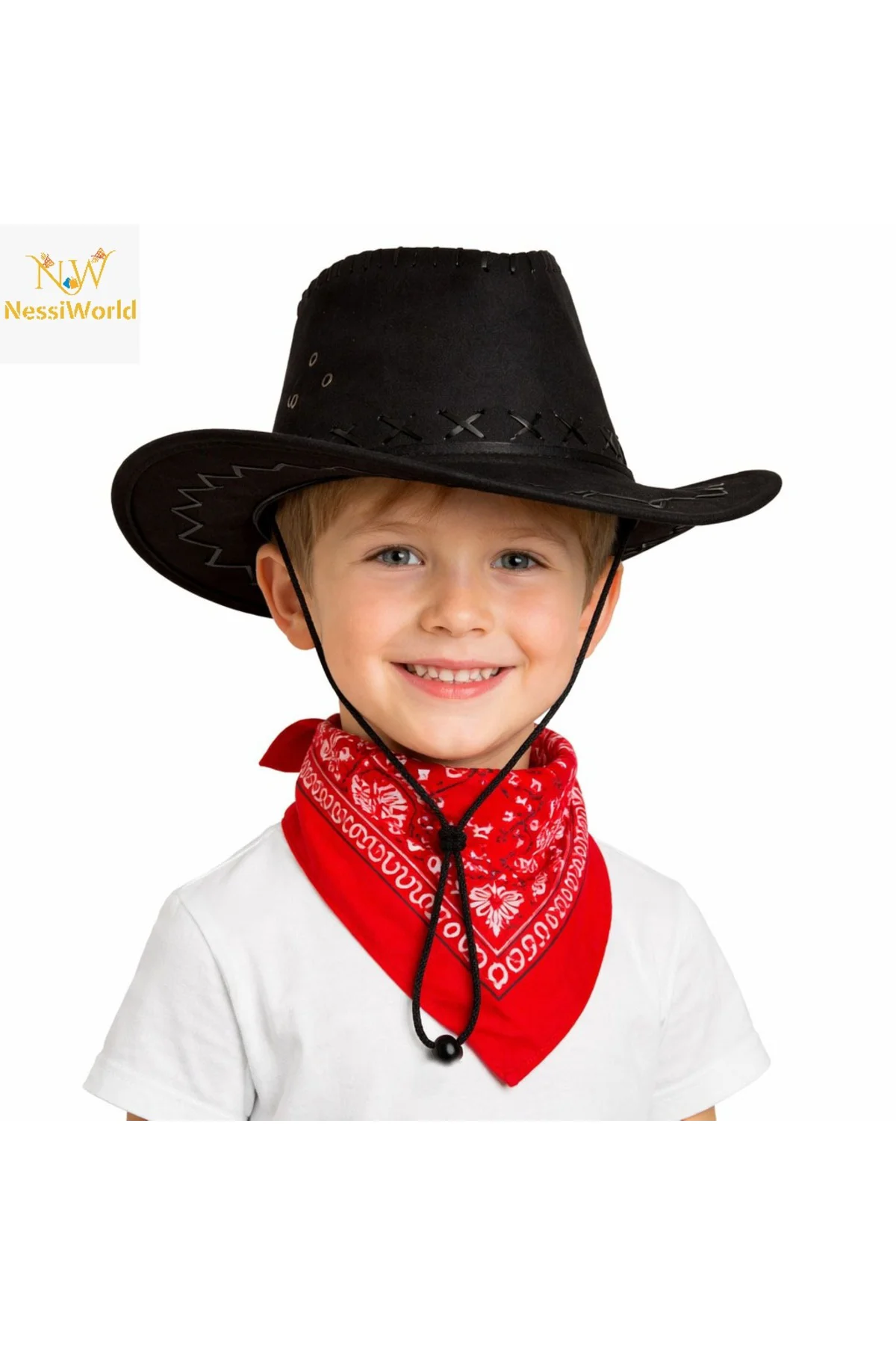 Çocuk Kovboy Şapka Siyah & Kırmızı Bandana Seti