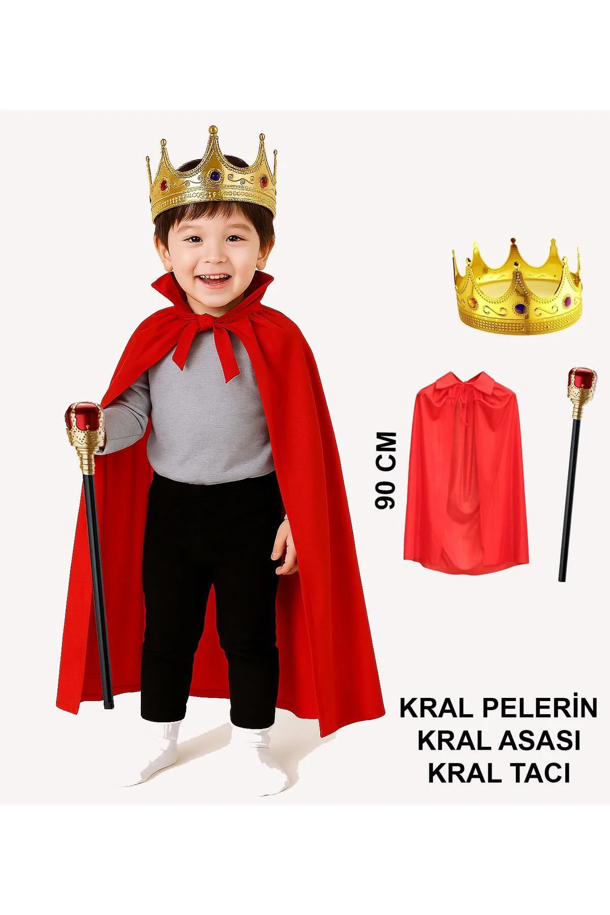 Çocuk Kral Kostüm Seti – Kırmızı Pelerin, Taç ve Asa (90 cm) (506 Çocuk Kral Kostüm Seti – Kırmızı Pelerin, Taç ve Asa (90 cm) (506