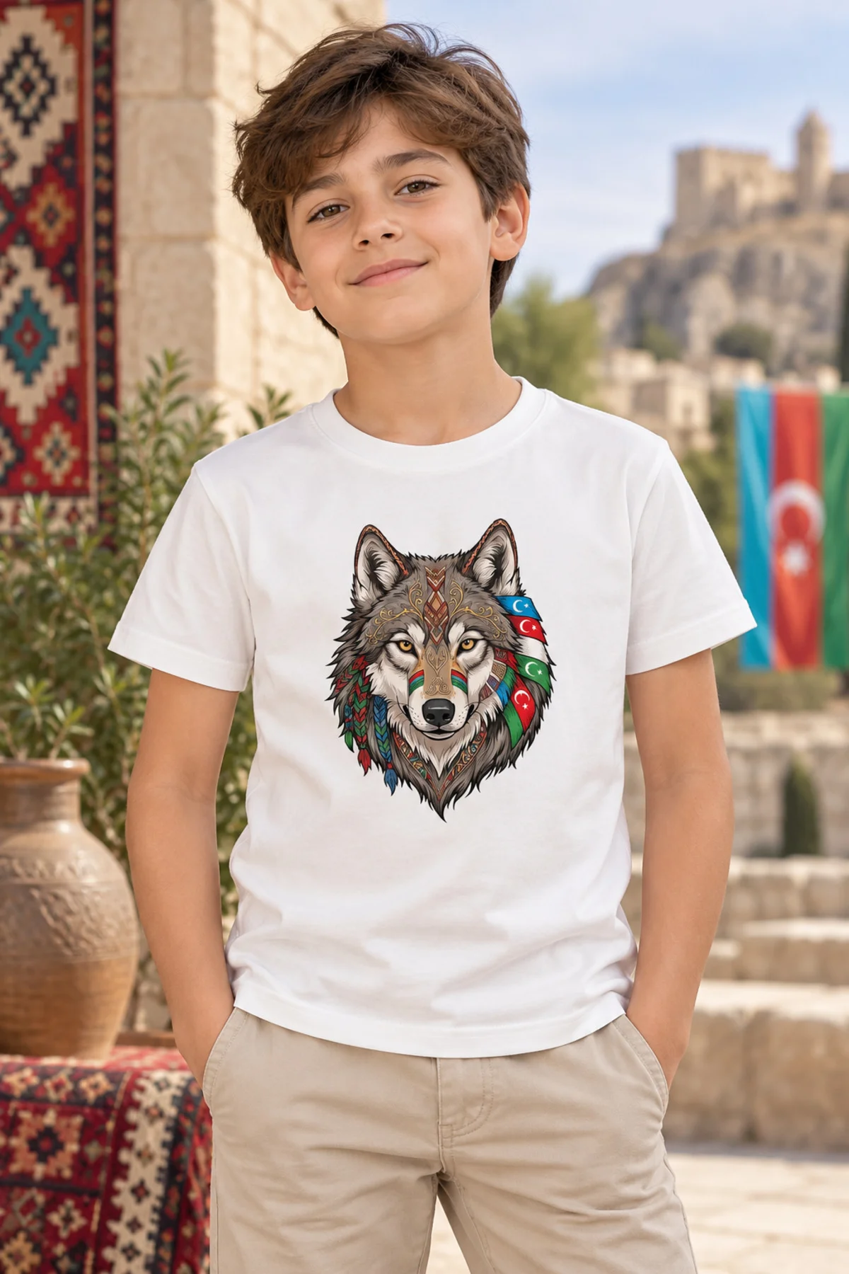 Çocuk Kurt Baskılı Tişört – Türk Dünyası Bayrak Detaylı Bozkurt Temalı Kısa Kollu T-Shirt