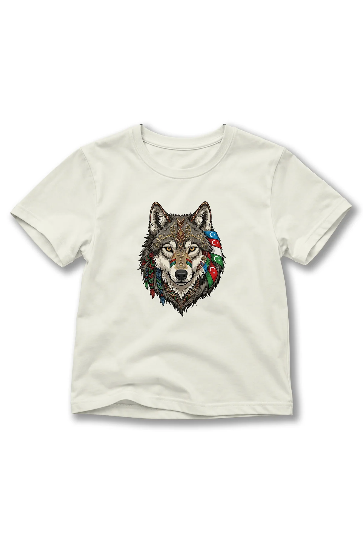 Çocuk Kurt Baskılı Tişört – Türk Dünyası Bayrak Detaylı Bozkurt Temalı Kısa Kollu T-Shirt