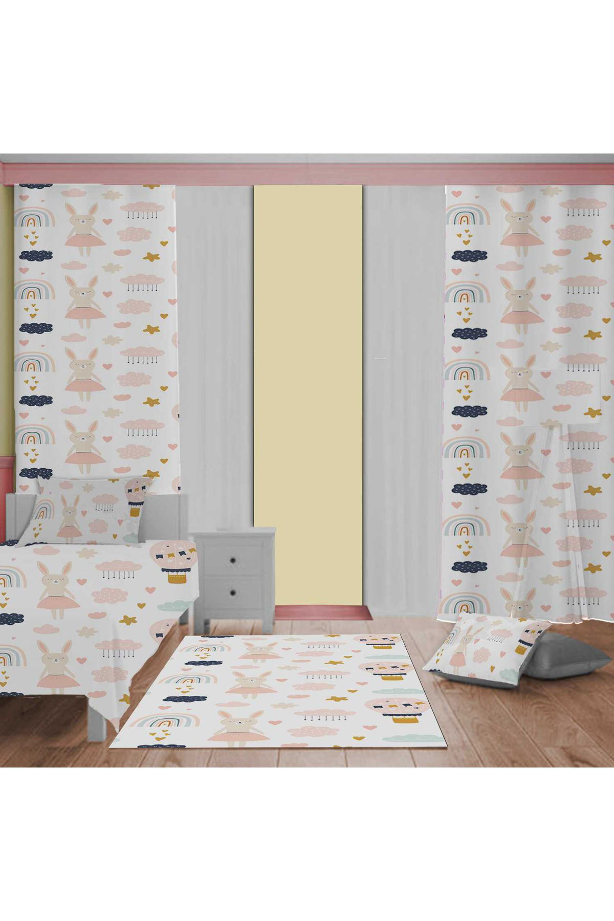 Evan Home Çocuk Odası Takım Perde (İki Kanat),Yatak Örtüsü,Yastık,Kırlent ,Halı,