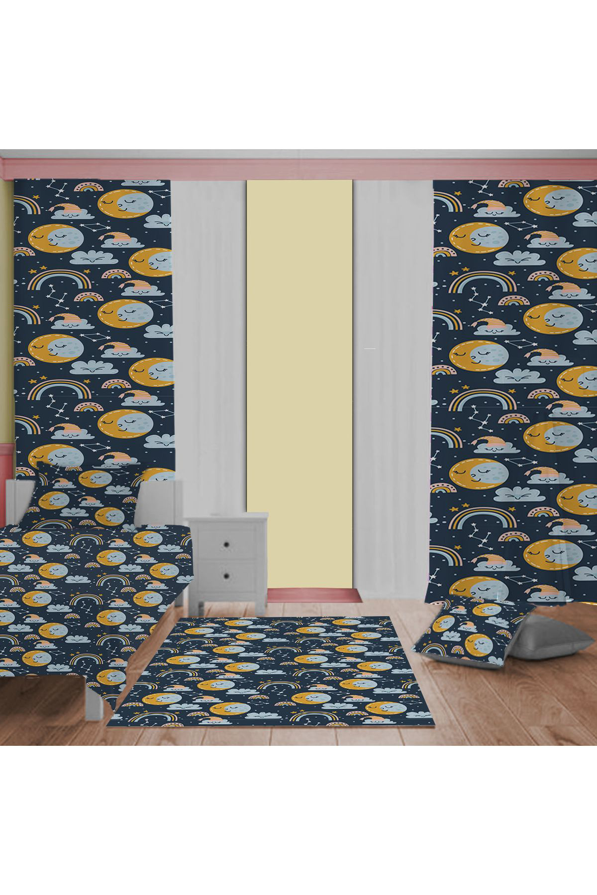 Evan Home Çocuk Odası Takım Perde (İki Kanat),Yatak Örtüsü,Yastık,Kırlent ,Halı,