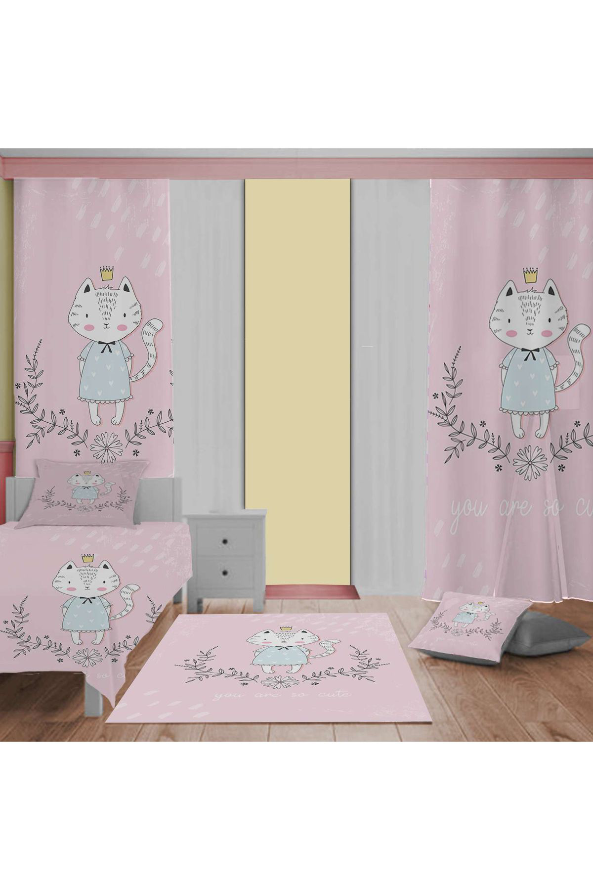 Evan Home Çocuk Odası Takım Perde (İki Kanat),Yatak Örtüsü,Yastık,Kırlent ,Halı,