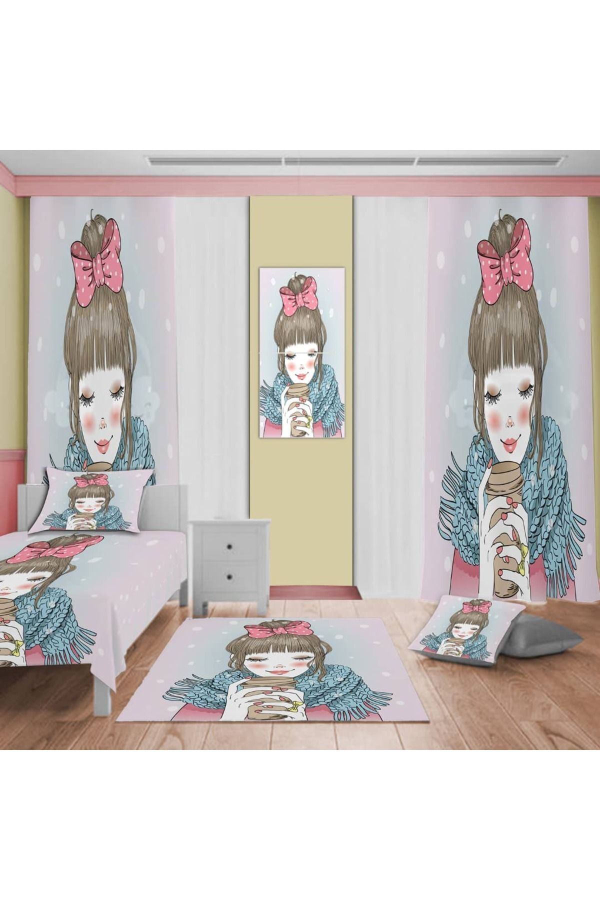 Evan Home Çocuk Odasi Takim Perde (İki Kanat),Yatak Örtüsü,Yastik,Kirlent ,Hali,Tablo
