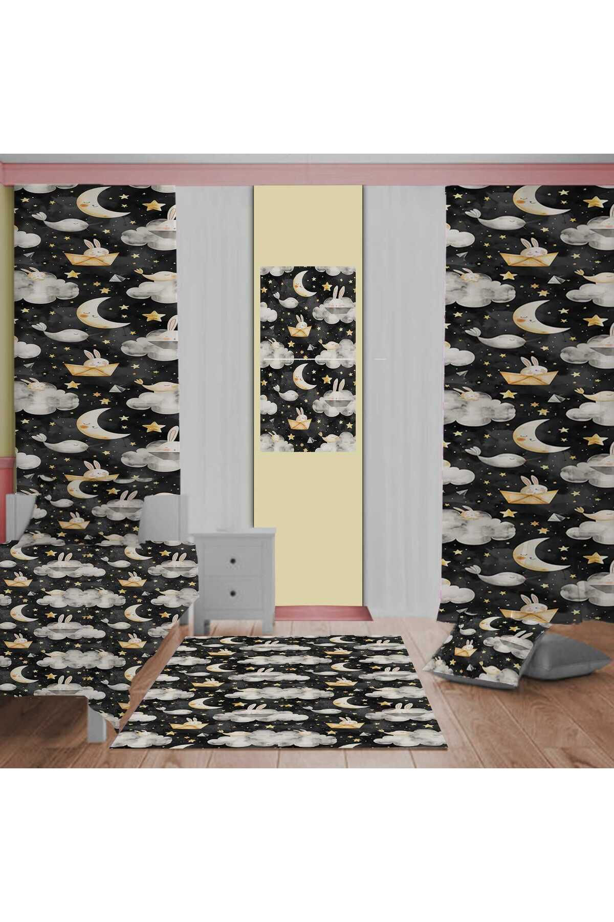 Evan Home Çocuk Odası Takım Perde (İki Kanat),Yatak Örtüsü,Yastık,Kırlent ,Halı,Tablo