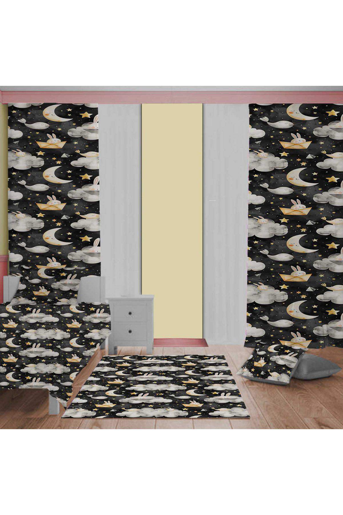 Evan Home Çocuk Odası Takım Perde (İki Kanat),Yatak Örtüsü,Yastık,Kırlent ,Halı,