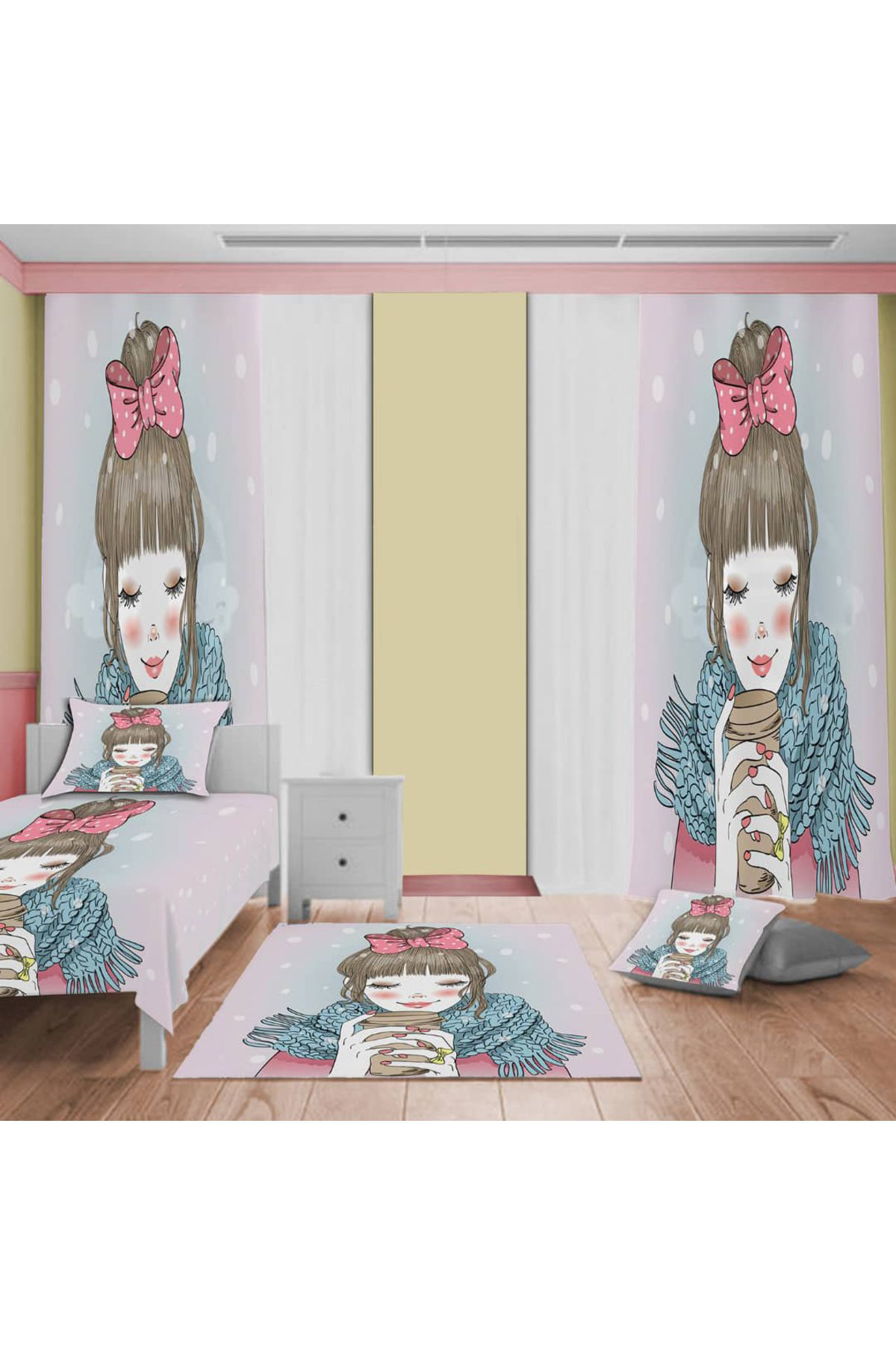 Evan Home Çocuk Odası Takım Perde (İki Kanat),Yatak Örtüsü,Yastık,Kırlent ,Halı,