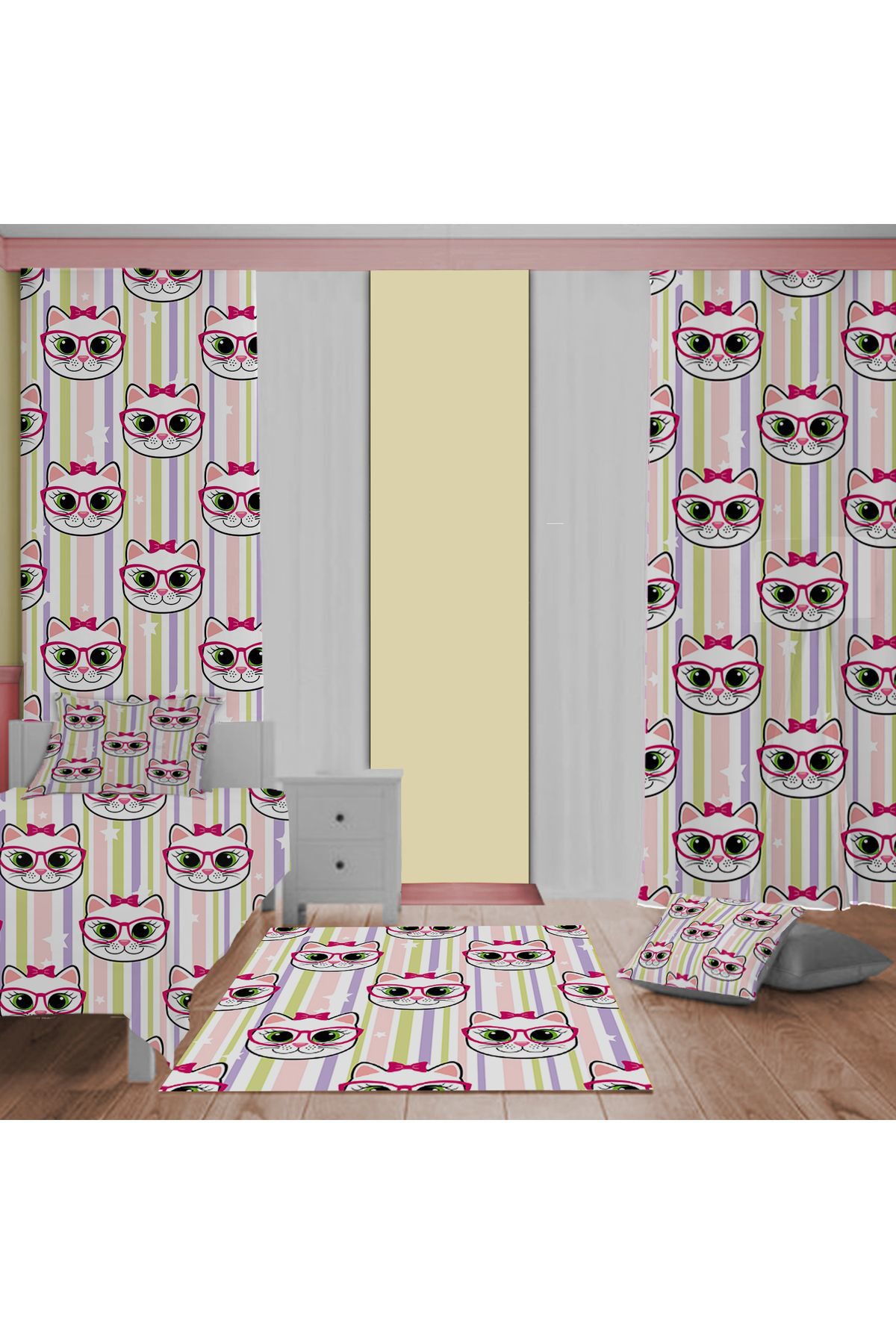 Evan Home Çocuk Odası Takım Perde (İki Kanat),Yatak Örtüsü,Yastık,Kırlent ,Halı,