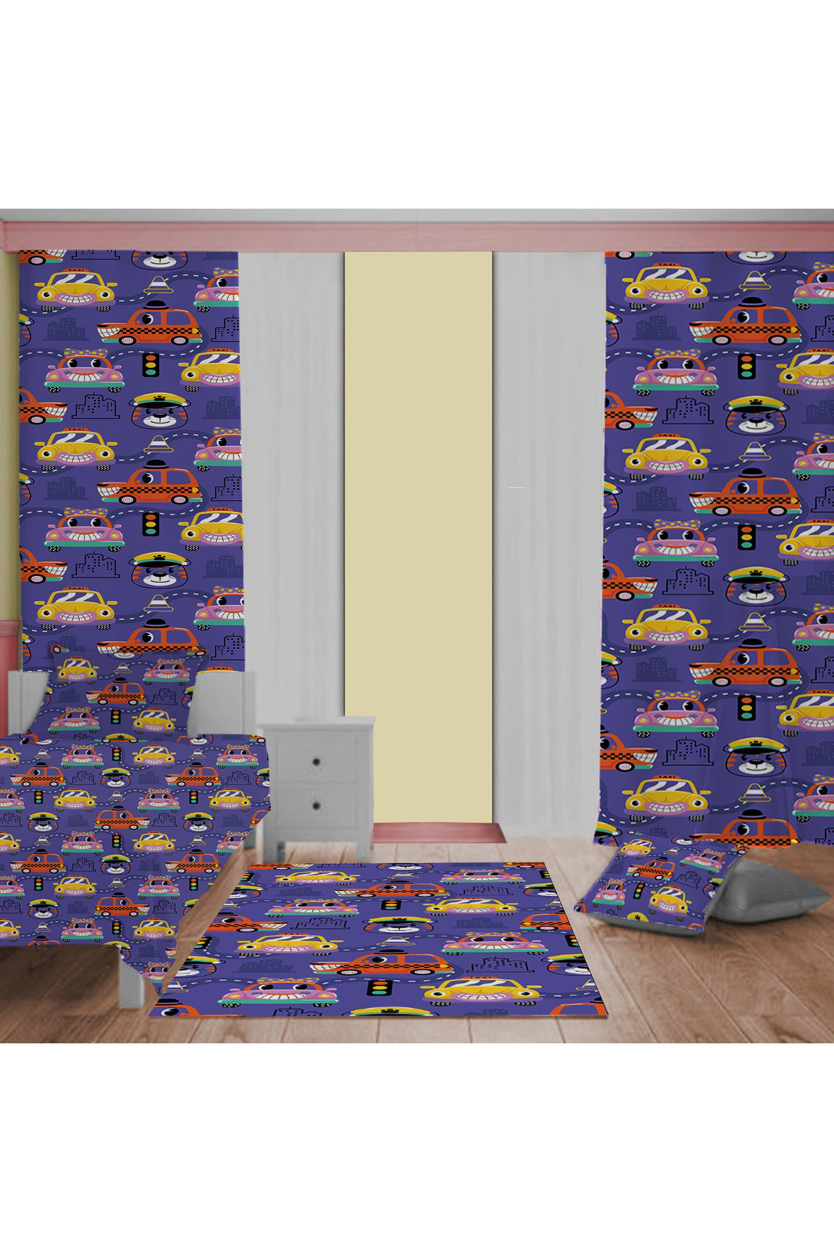 Evan Home Çocuk Odası Takım Perde (İki Kanat),Yatak Örtüsü,Yastık,Kırlent ,Halı,