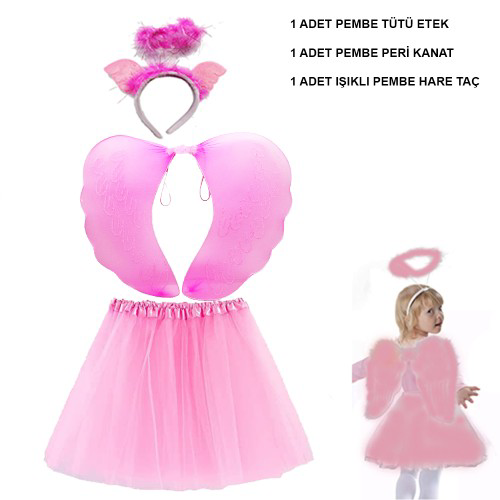 Çocuk Peri Kostümü Pembe - Peri Kanadı Eteği Işıklı Tacı 3 Parça Çocuk Peri Kostümü Pembe - Peri Kanadı Eteği Işıklı Tacı 3 Parça