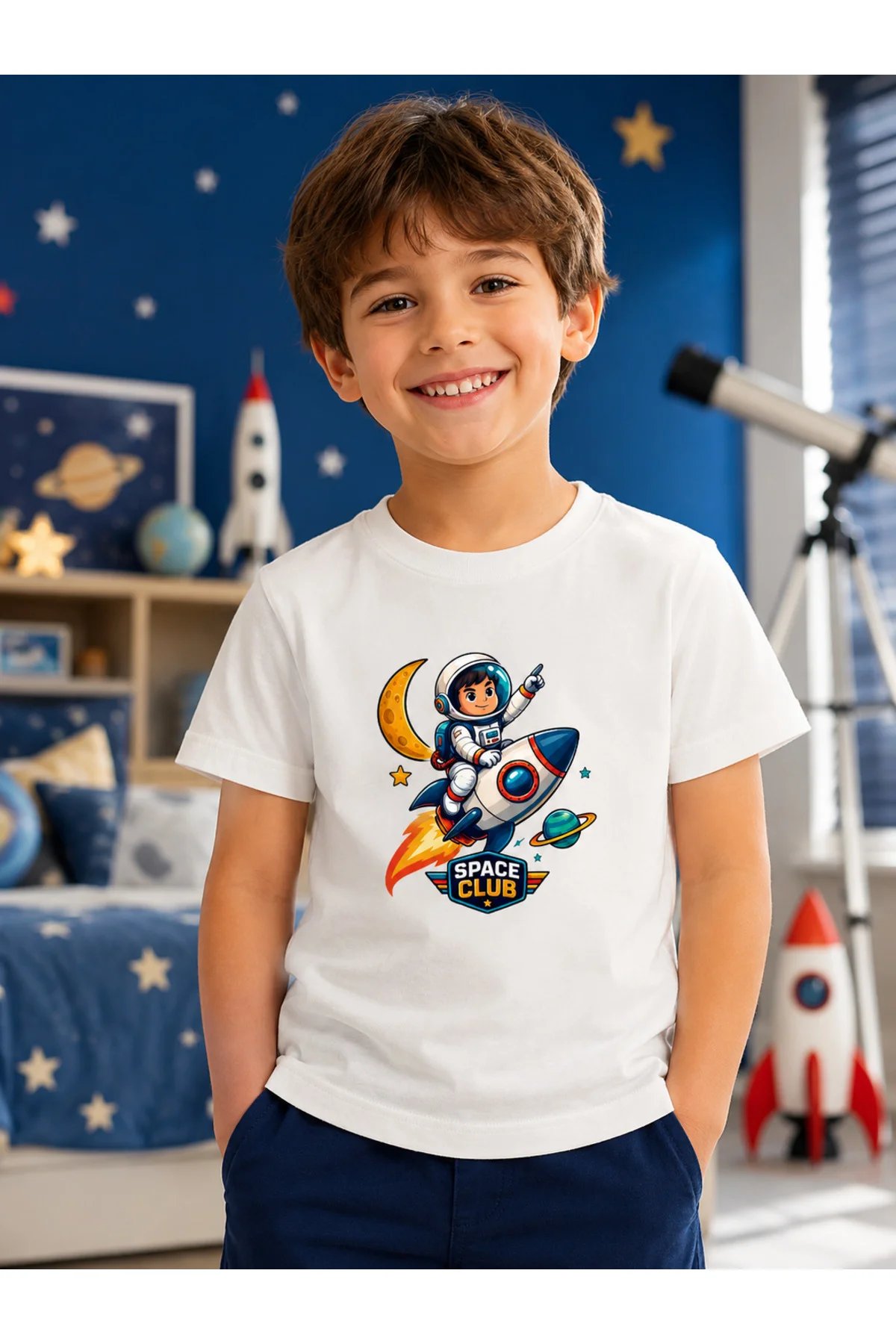 Çocuk Roket Astronot Baskılı Kısa Kollu Bisiklet Yaka T-Shirt