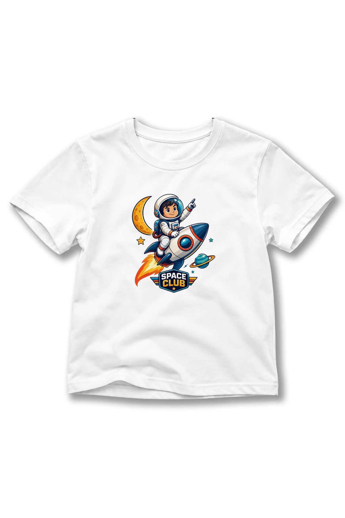 Çocuk Roket Astronot Baskılı Kısa Kollu Bisiklet Yaka T-Shirt