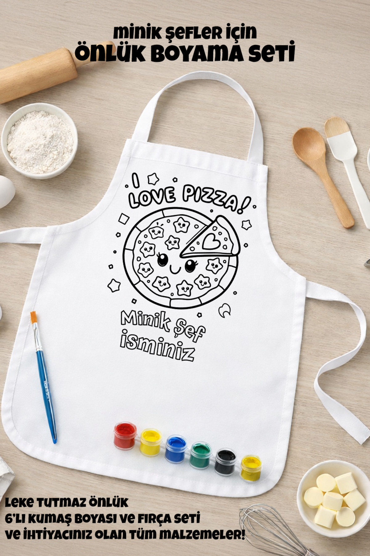 Çocuk Şef Önlüğü Boyama Seti – Kişiye Özel İsimli, Pizza Desenli,