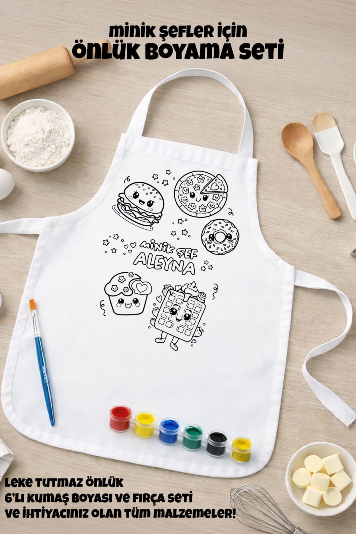 Çocuk Şef Önlüğü Boyama Seti – Kişiye Özel İsimli, Kumaş Boyası v
