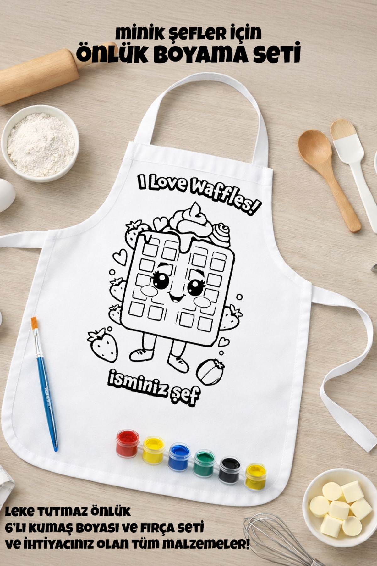 Çocuk Şef Önlüğü Boyama Seti – Kişiye Özel İsimli, Waffle Desenli