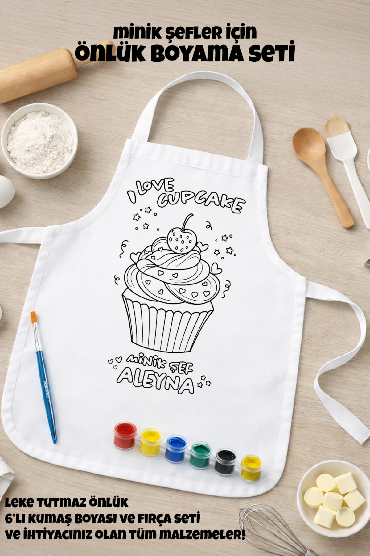 Çocuk Şef Önlüğü Boyama Seti – Kişiye Özel İsimli, Cupcake Desenl