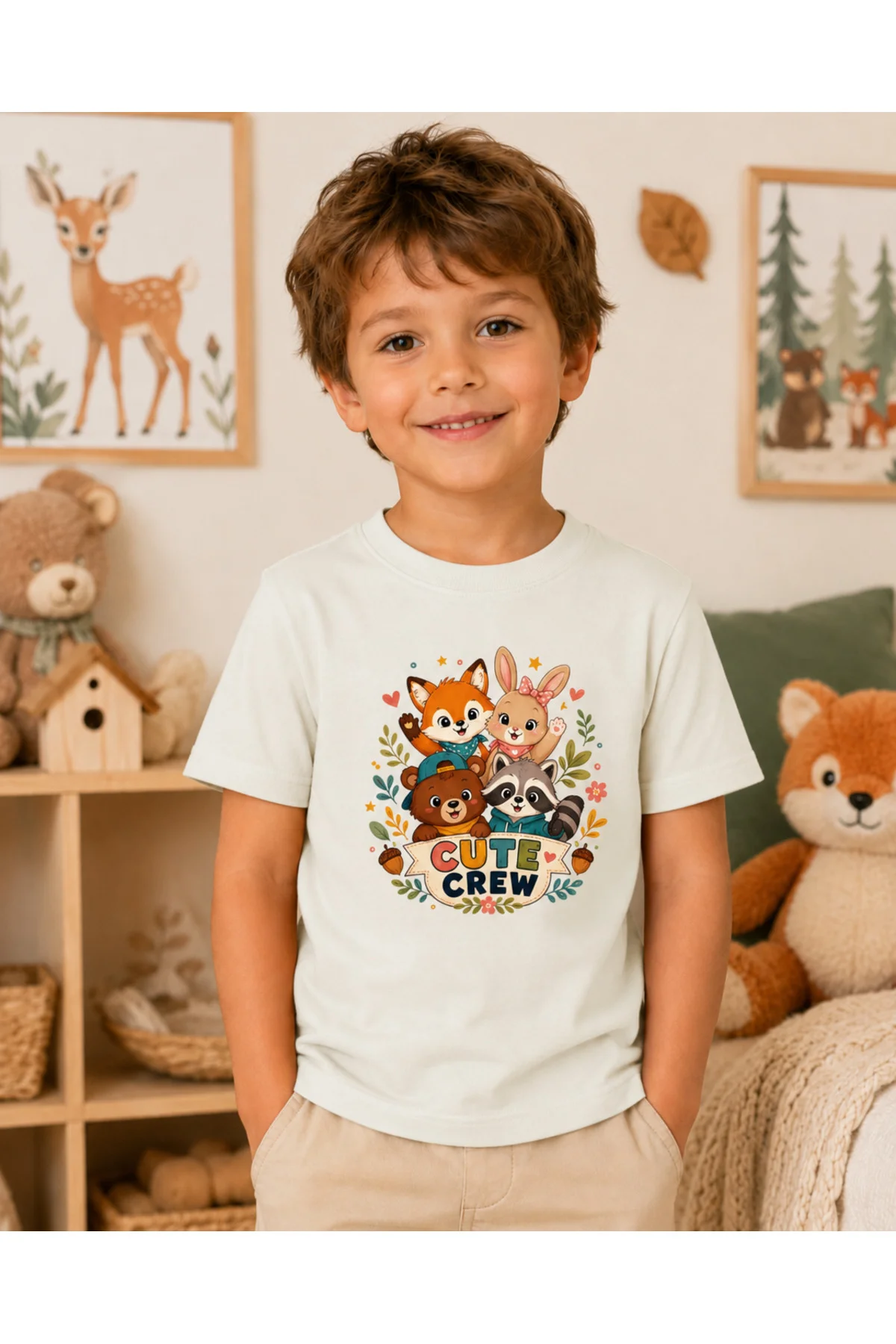 Çocuk Sevimli Hayvanlar Baskılı Kısa Kollu Bisiklet Yaka T-Shirt