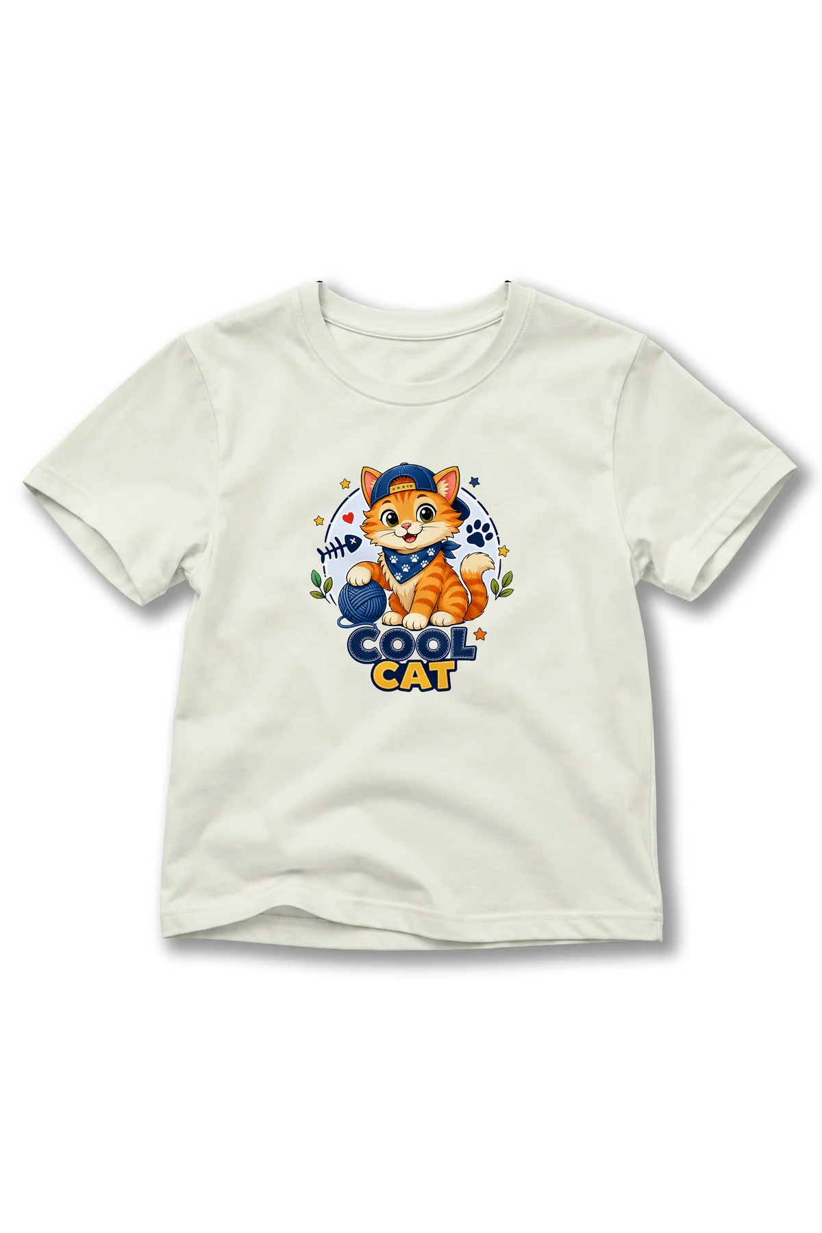 Çocuk Sevimli Kedi Baskılı Kısa Kollu Bisiklet Yaka T-Shirt